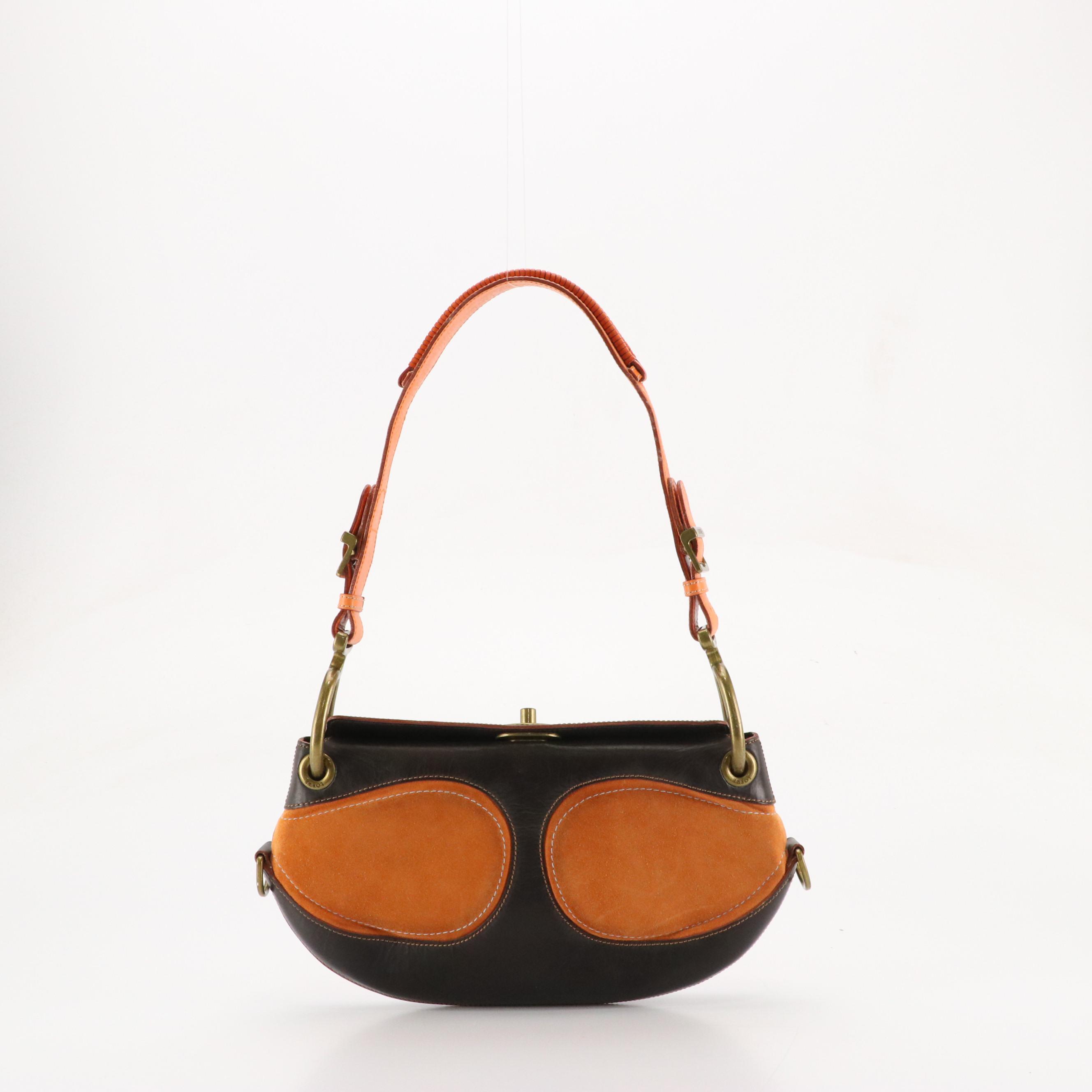 Loewe Turn-Lock Shoulder Bag in Dark Brown Calfskin, Orange Leather and Suede