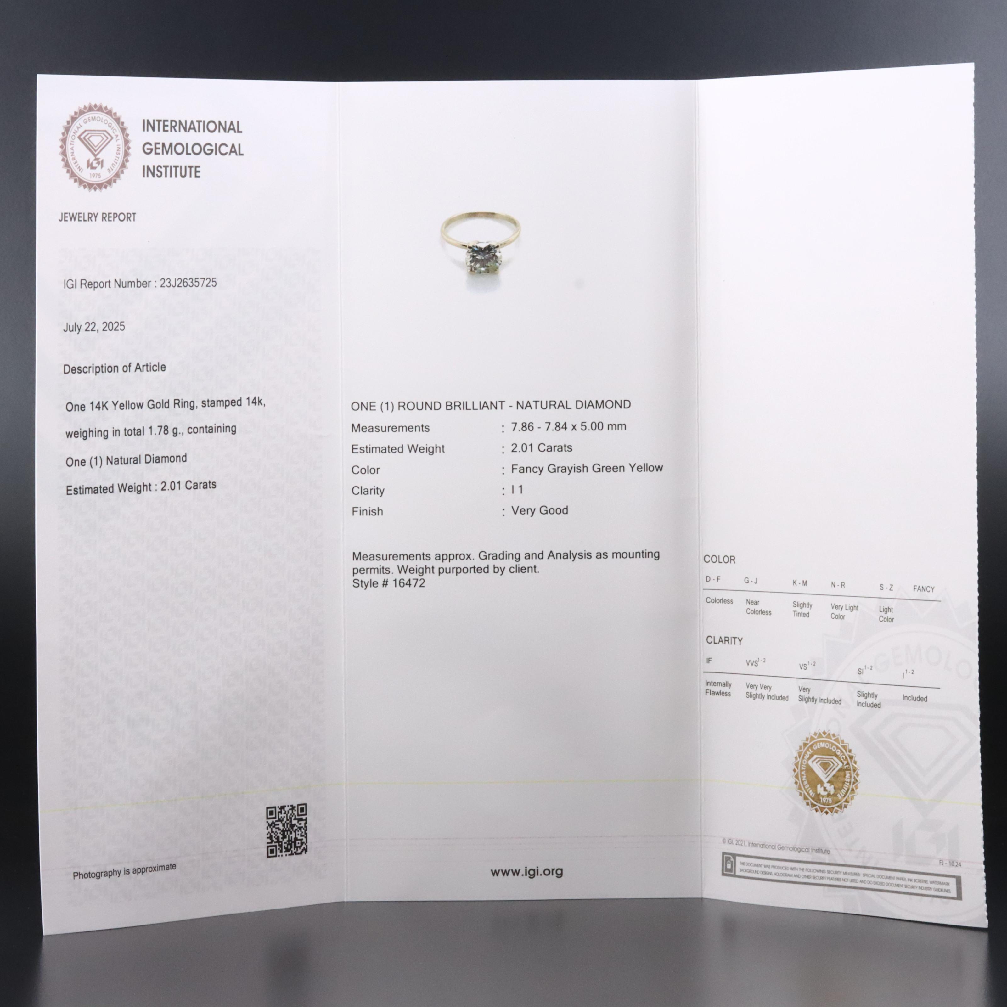 14K 2.01 CT Diamond Solitaire Ring with IGI Jewelry Report