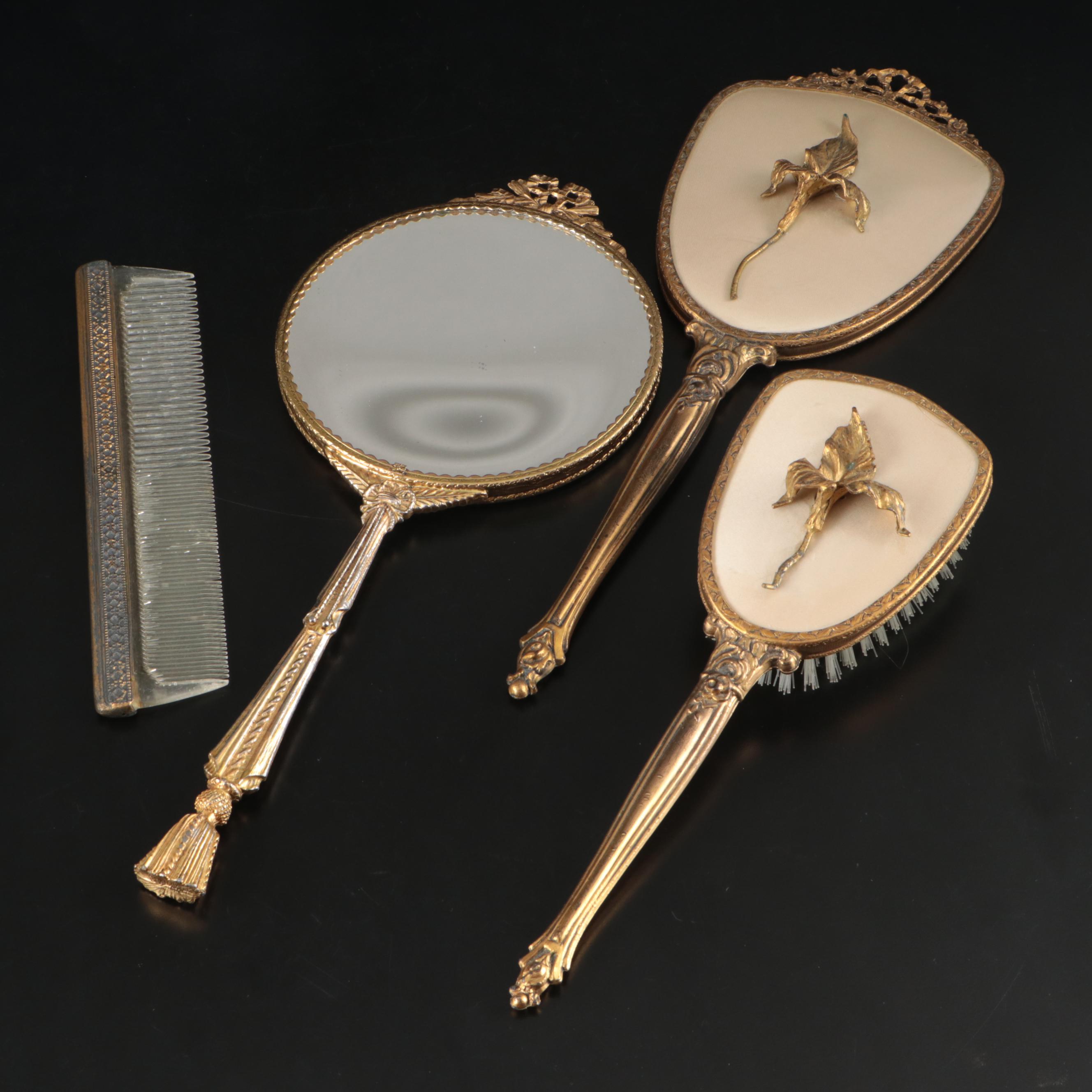 Hollywood Regency Style Gilt Metal Vanity Set with Applied Orchid and Comb