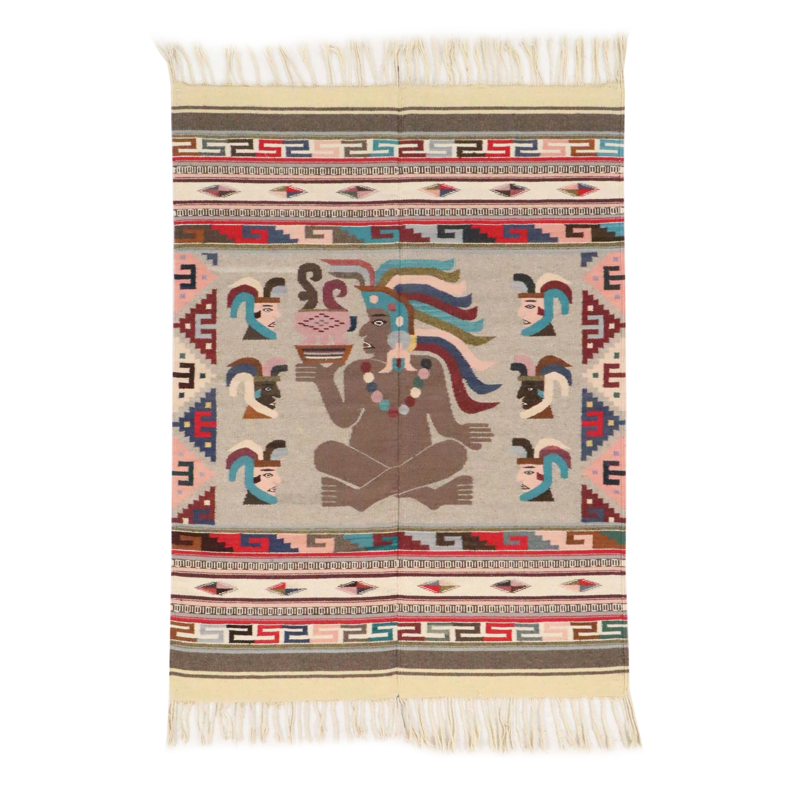 4'9 x 7'3 Handwoven Mesoamerican Style Pictorial Area Rug