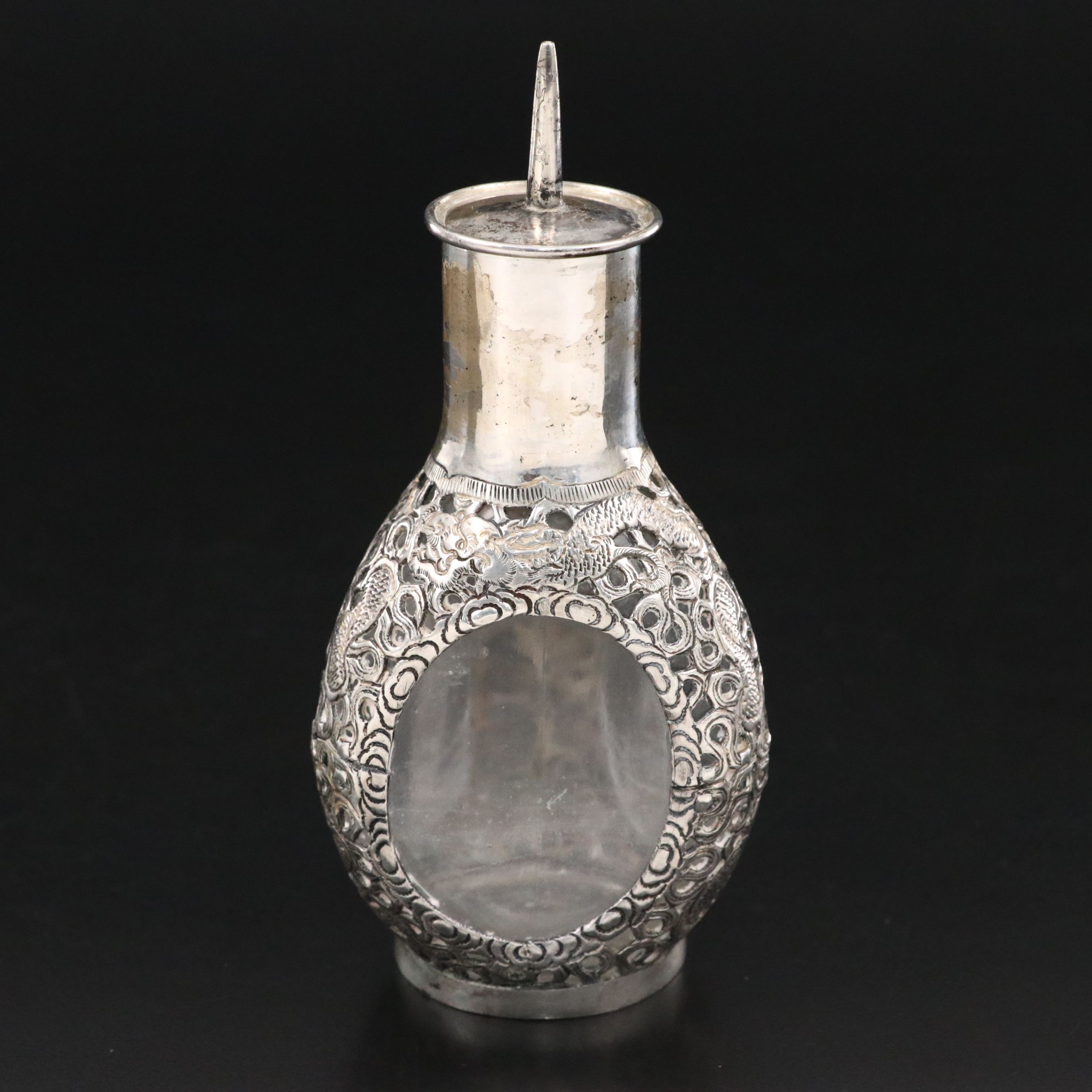 Hong Kong Dragon Sterling Silver Cased Glass Perfume Bottle