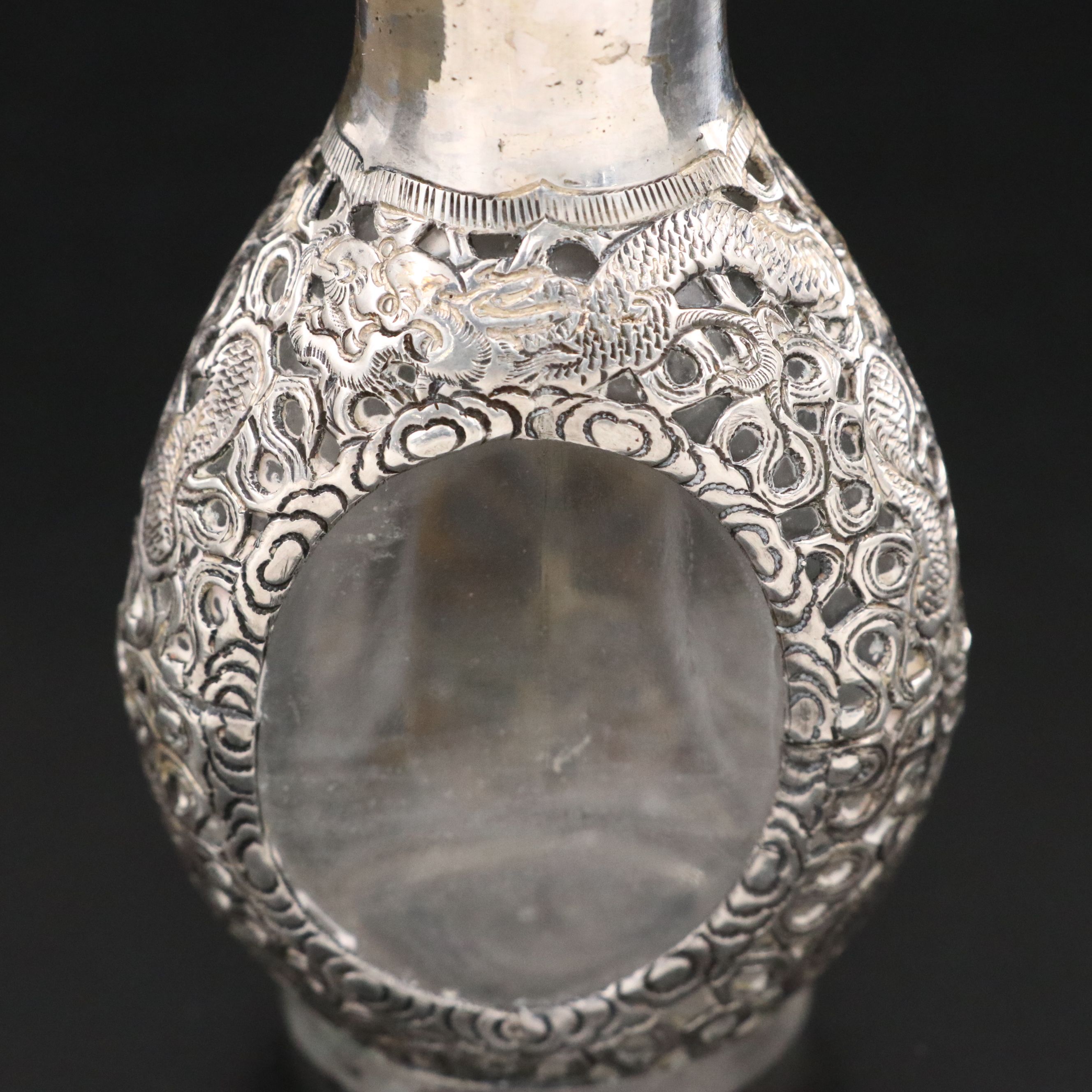 Hong Kong Dragon Sterling Silver Cased Glass Perfume Bottle