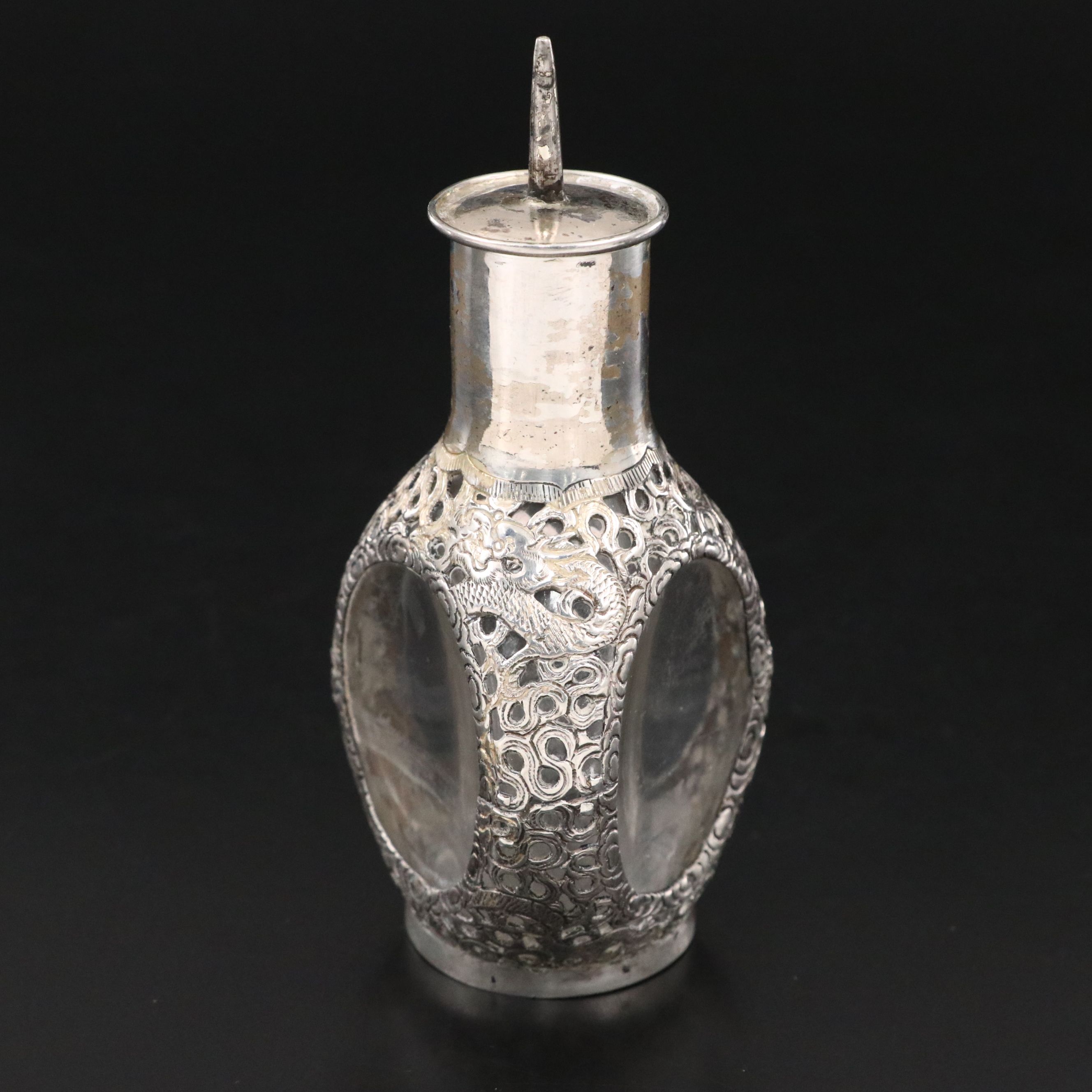 Hong Kong Dragon Sterling Silver Cased Glass Perfume Bottle