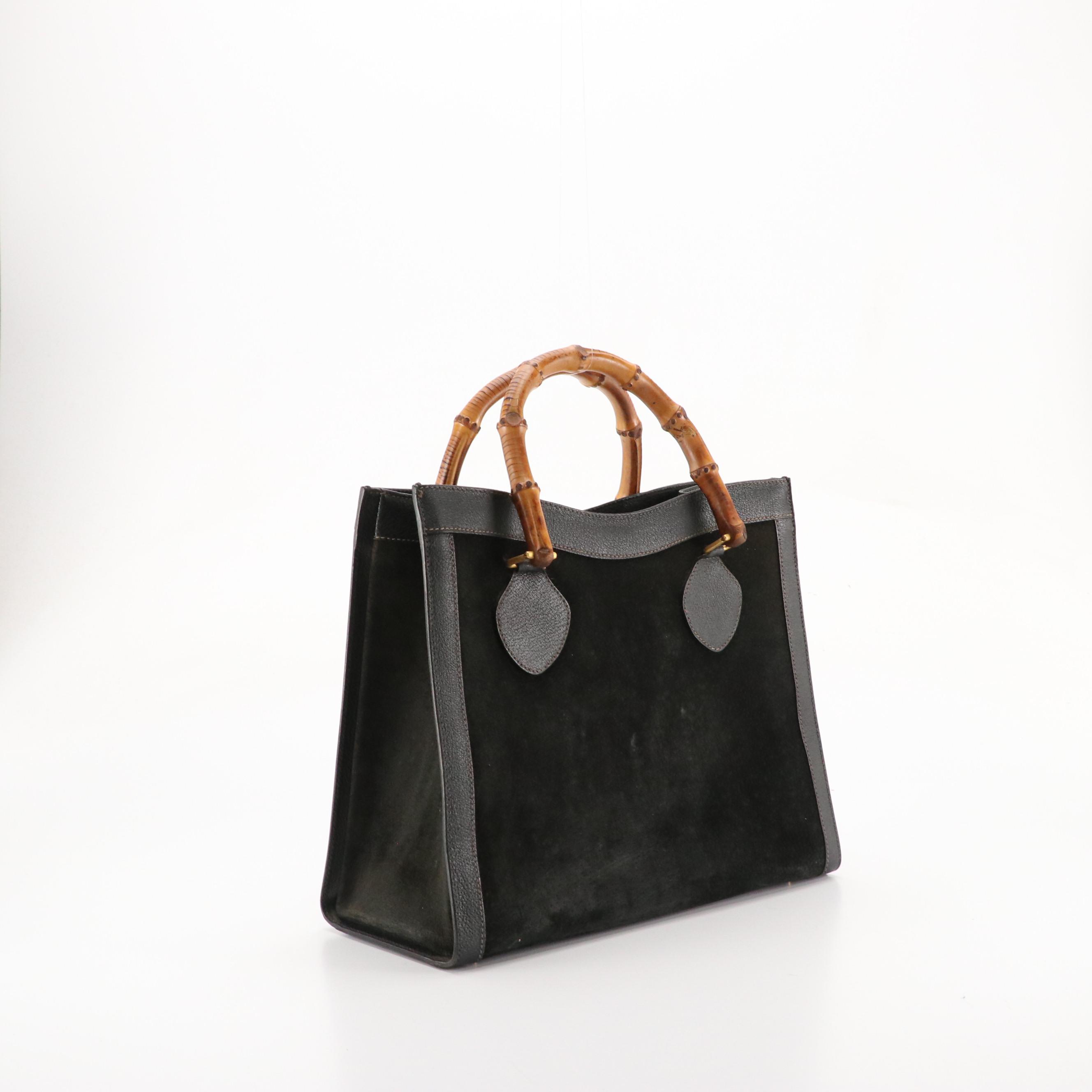 Gucci Large Diana Bamboo Handle Tote in Black Suede and Cinghiale Leather
