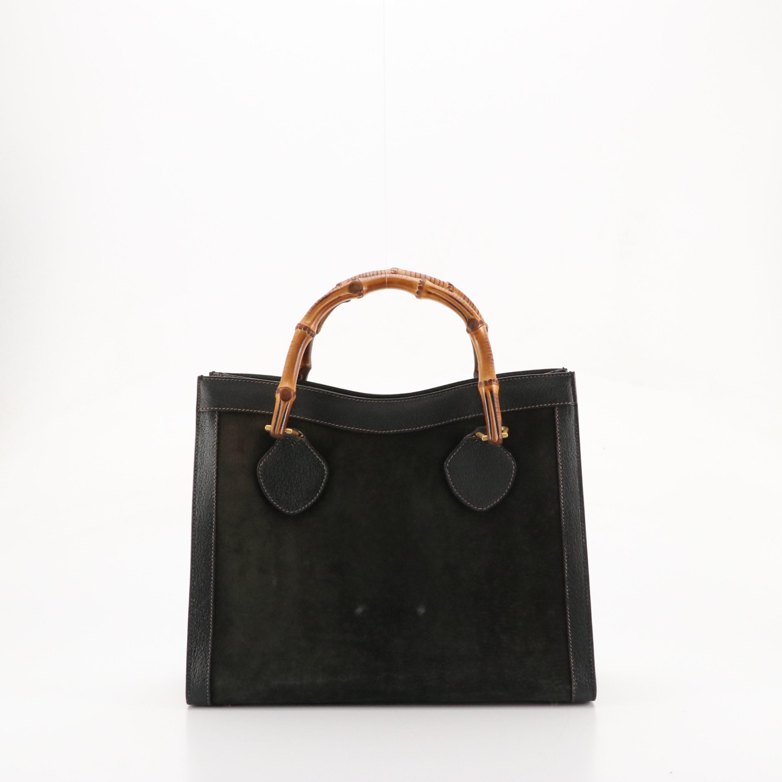Gucci Large Diana Bamboo Handle Tote in Black Suede and Cinghiale Leather
