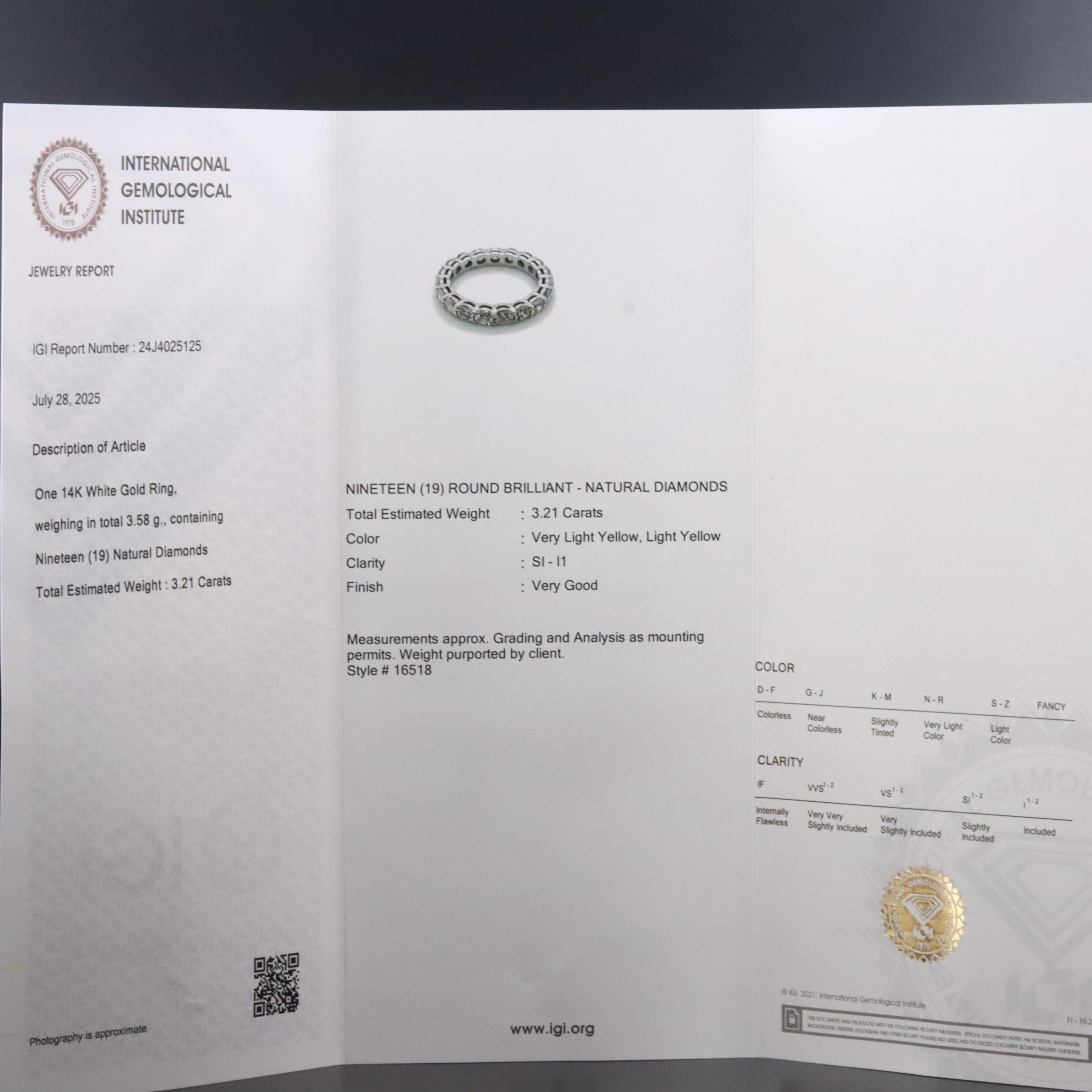 14K 3.21 CTW Diamond Eternity Band with IGI Jewelry Report