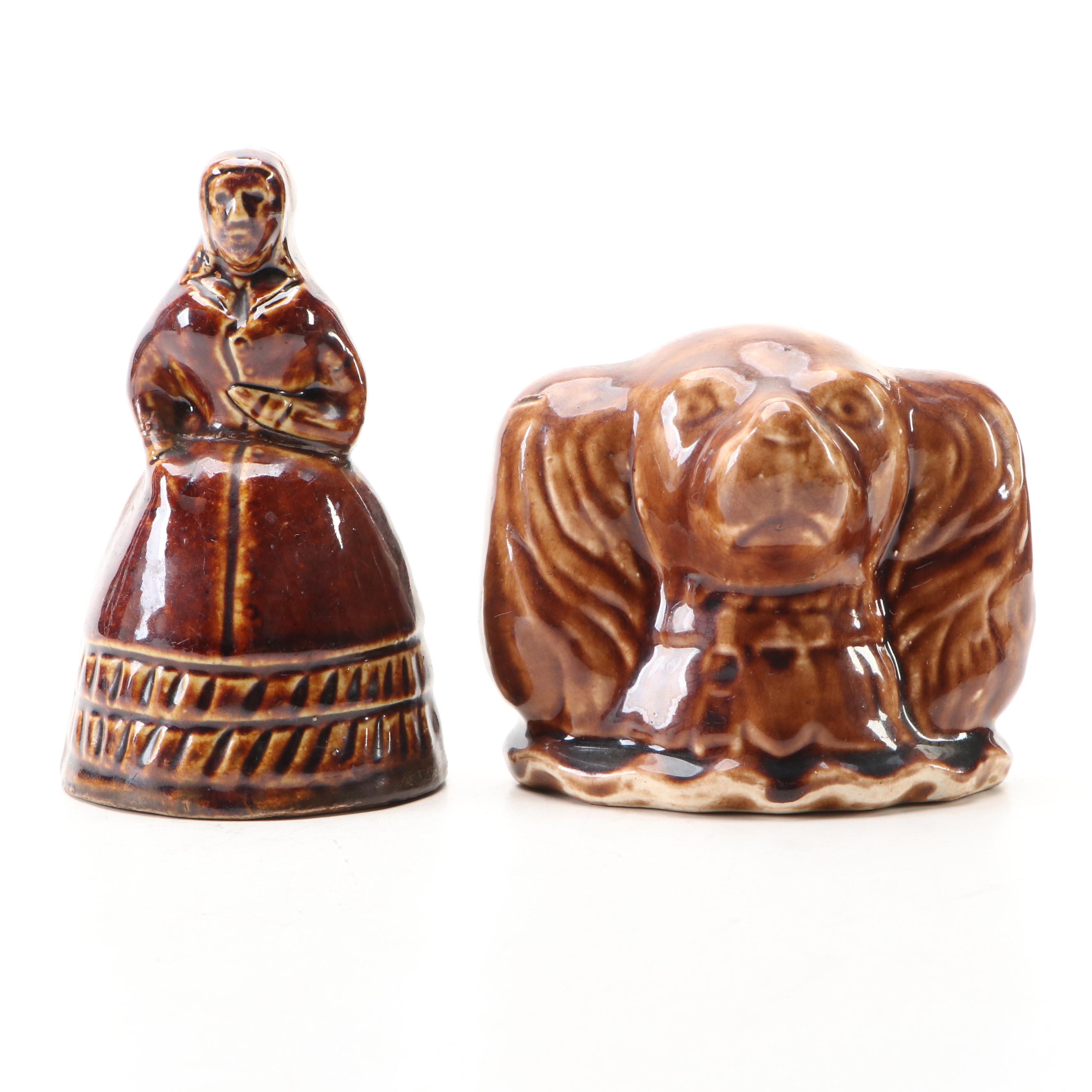 English Treacle Glazed Dog Head Coin Bank with Other Lady Bank, 19th Century