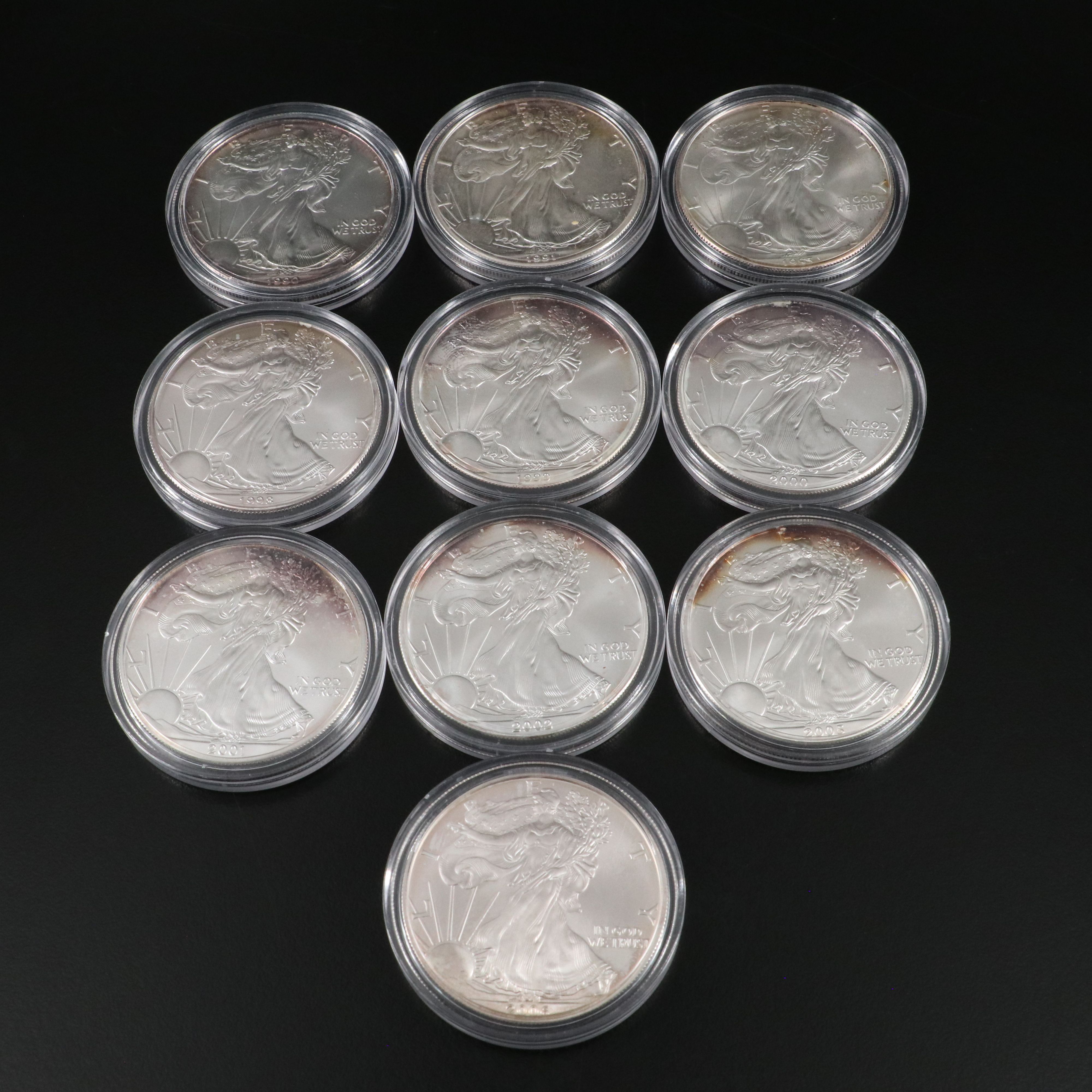 Ten different Mint State U.S. Silver Eagles