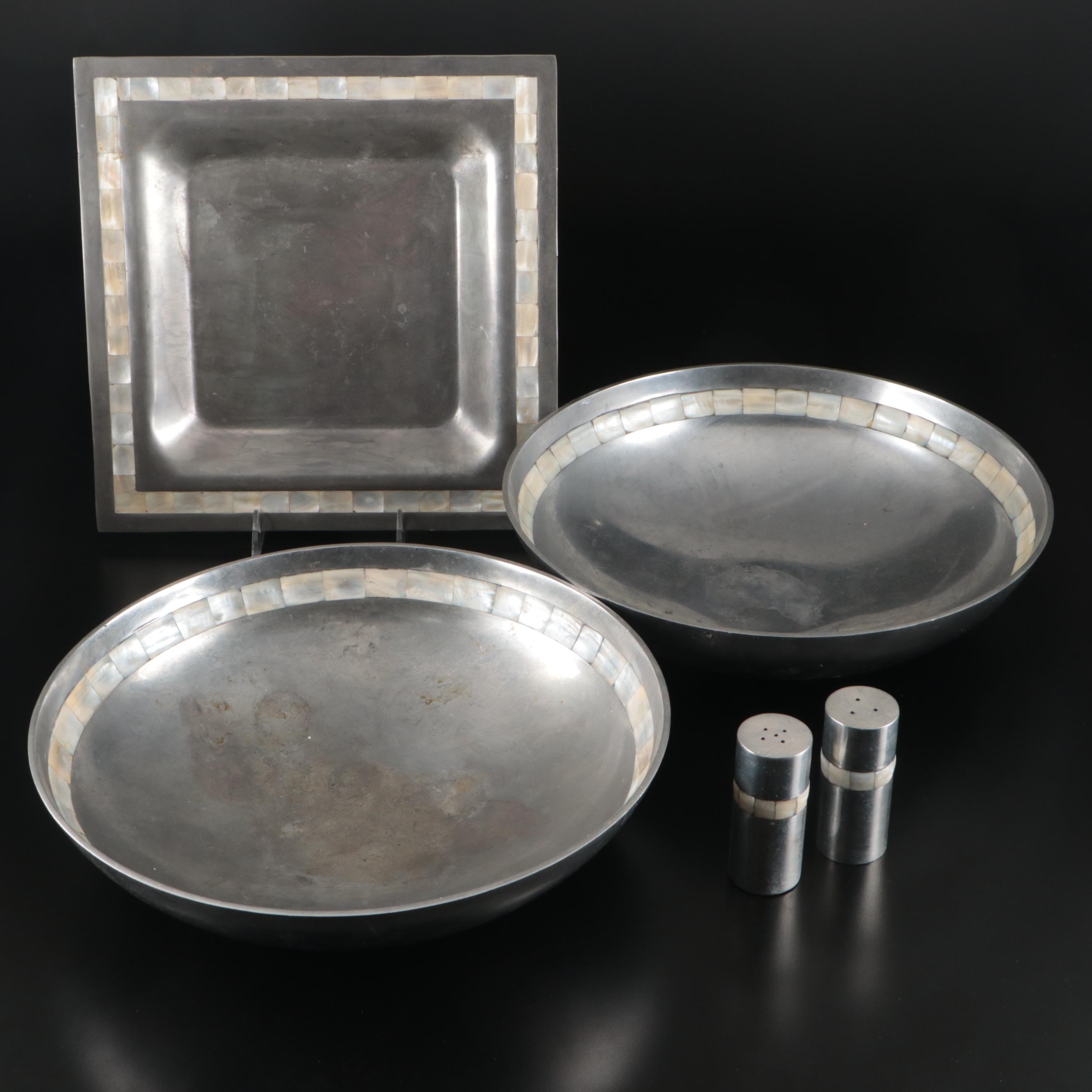 Towle Mother of Pearl Inlaid Pewter Bowls with Serving Tray and Shakers