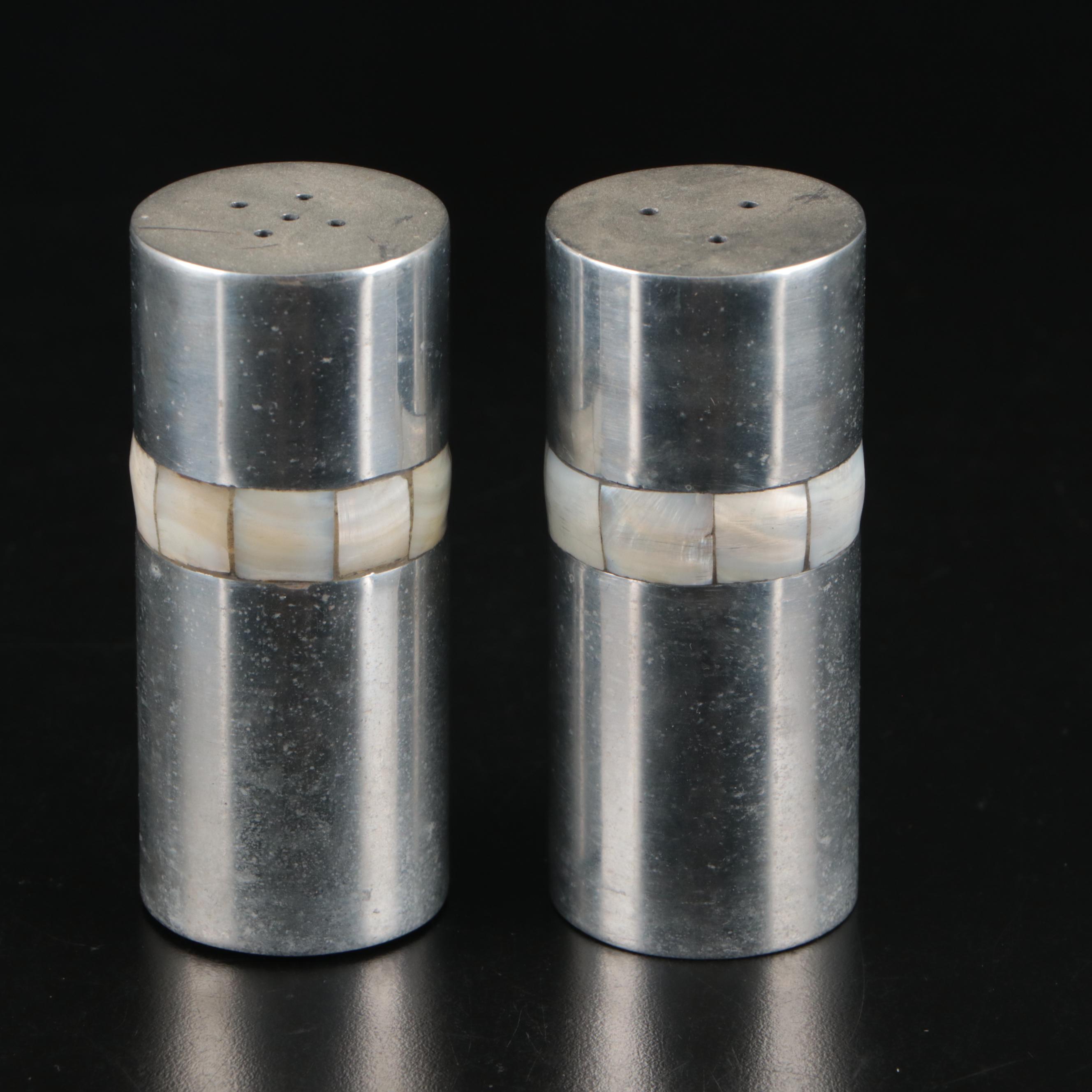 Towle Mother of Pearl Inlaid Pewter Bowls with Serving Tray and Shakers