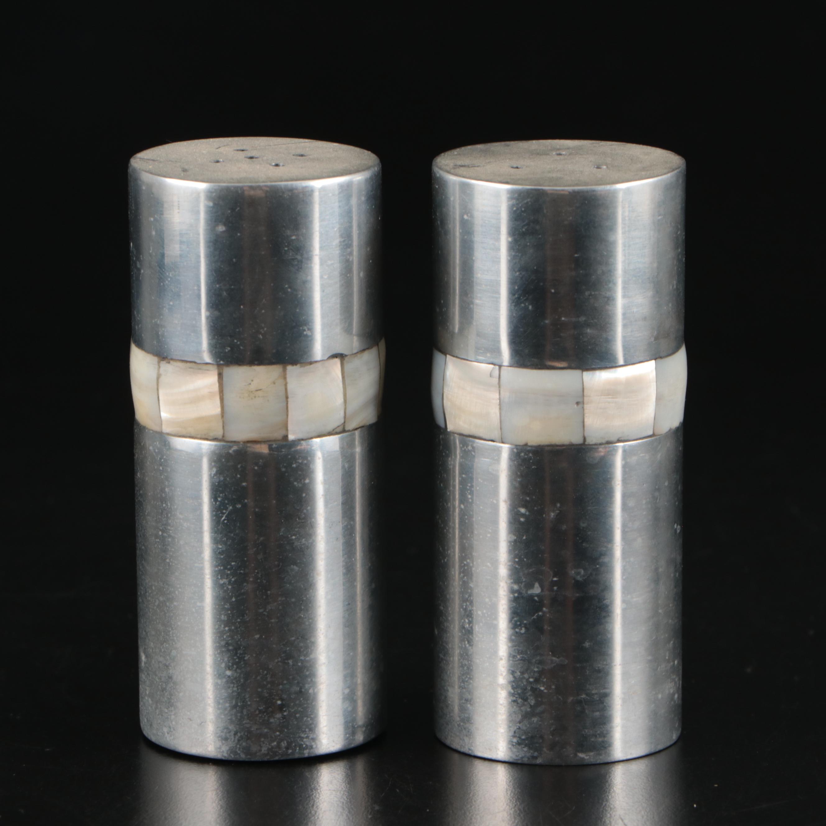 Towle Mother of Pearl Inlaid Pewter Bowls with Serving Tray and Shakers