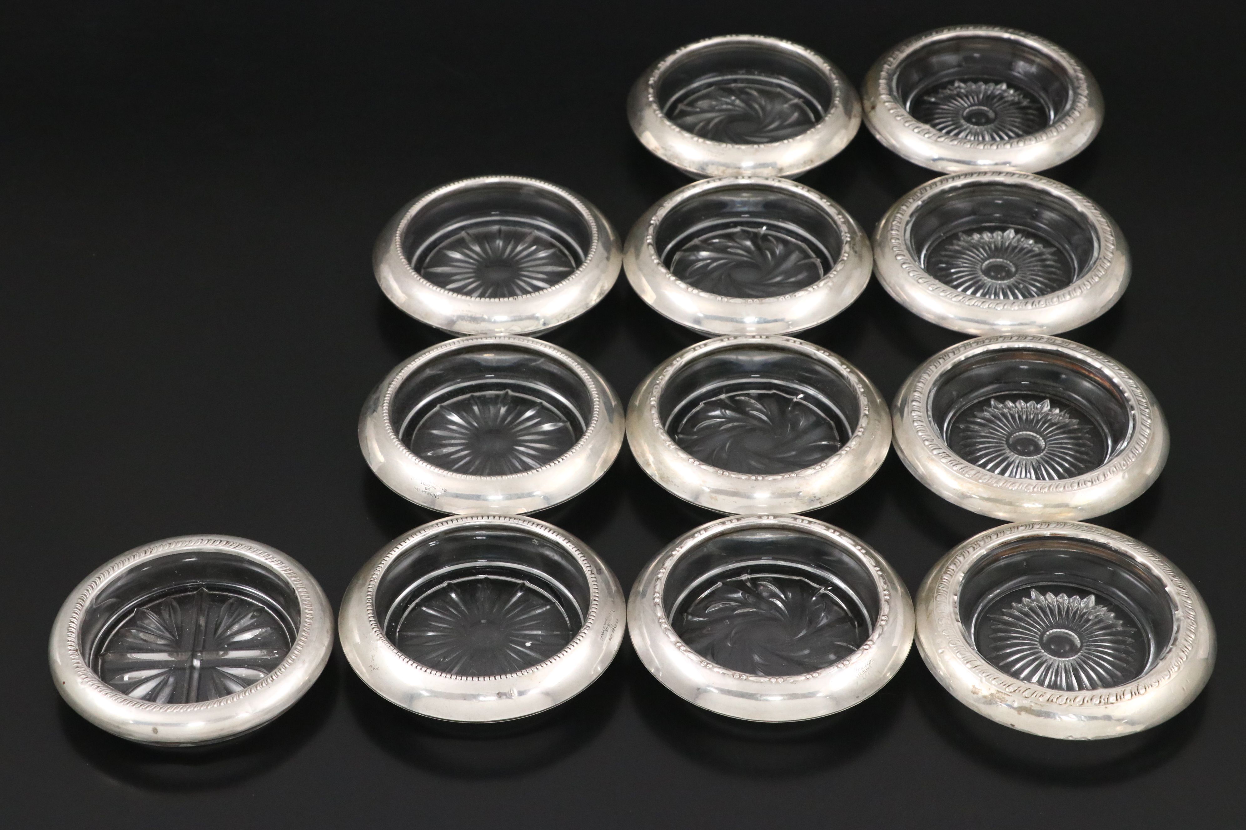 Sterling Silver Rim Glass Coasters with Sterling Silver Shaker