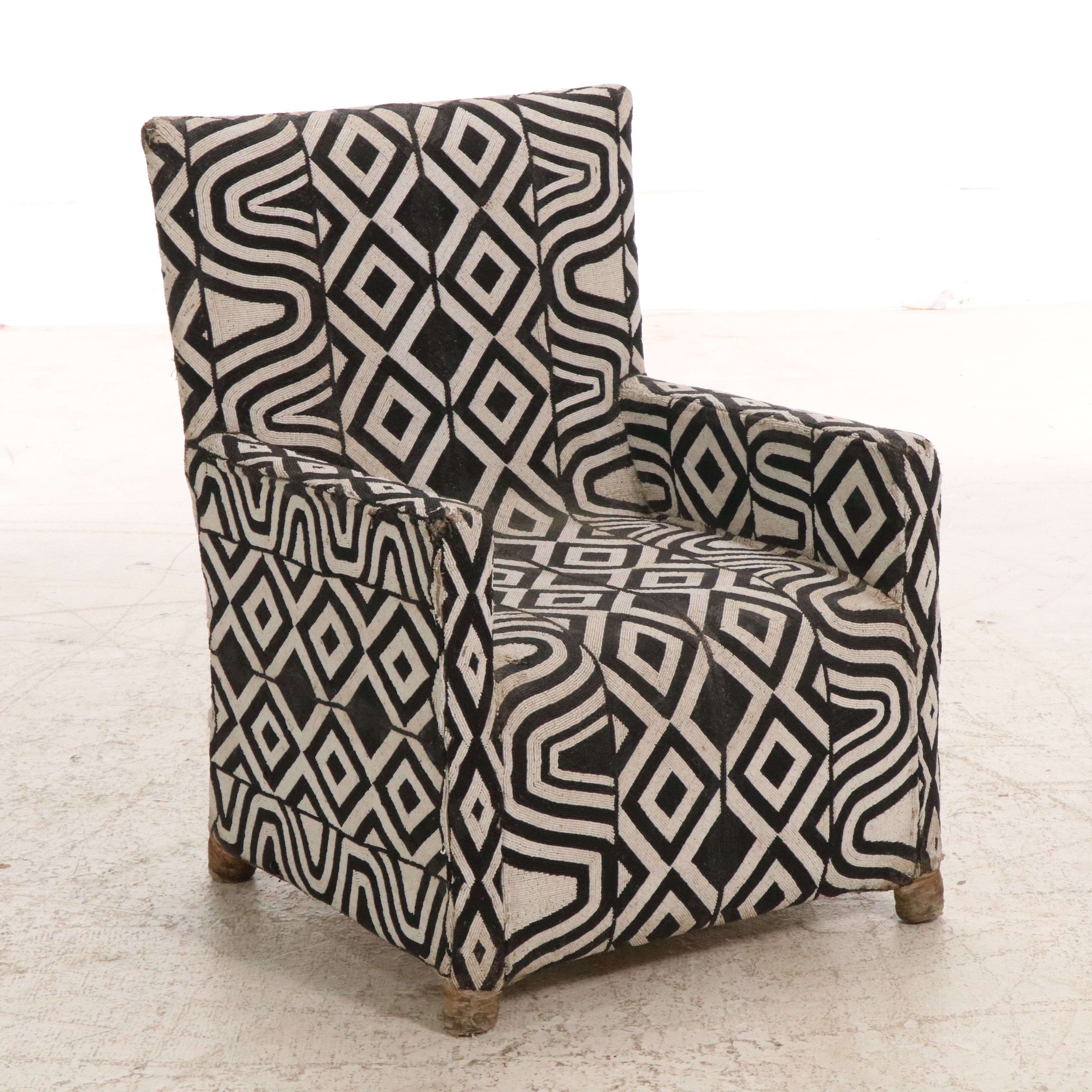 Pair of West African Yoruba Hand-Beaded Black and White Armchairs