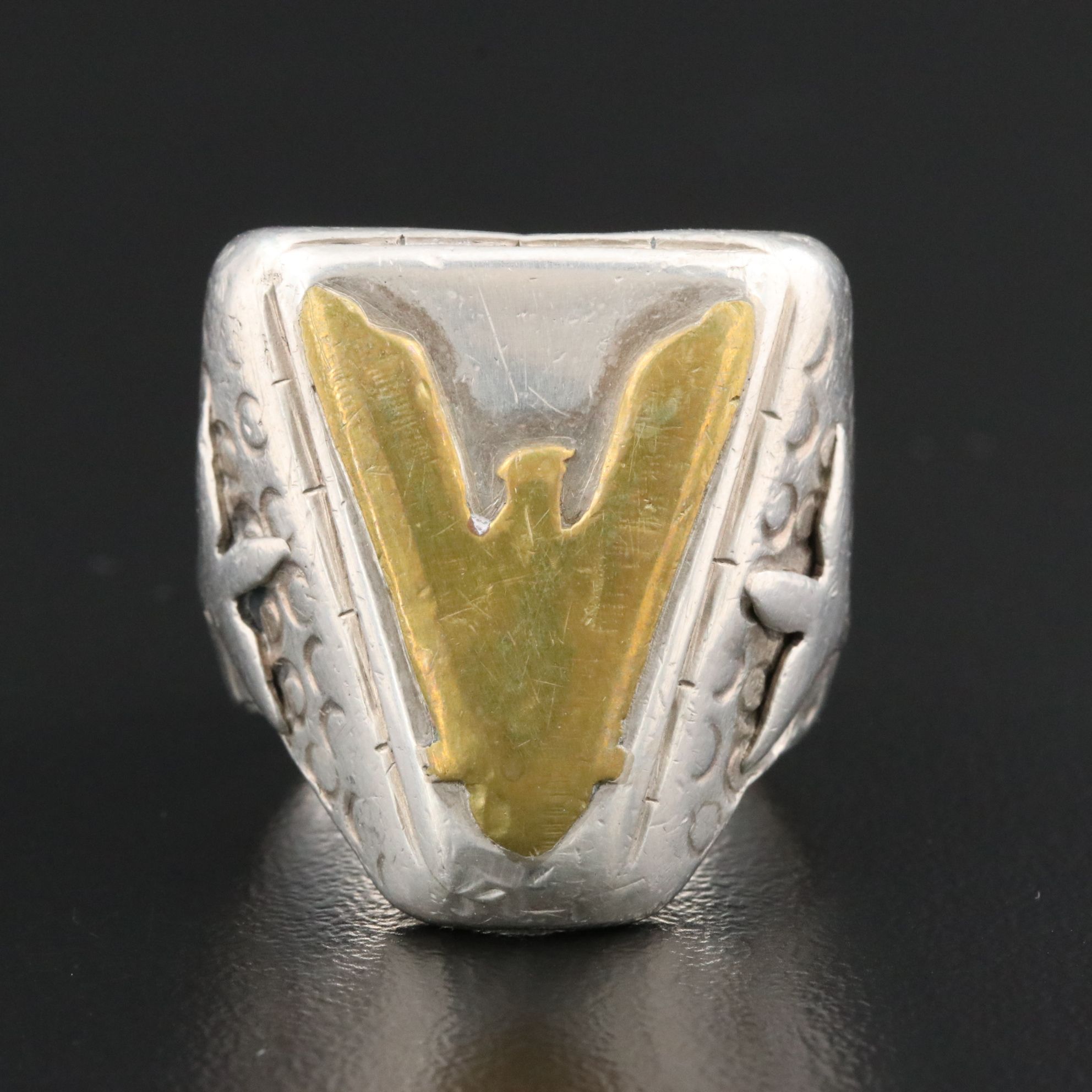 War Era Sterling and Brass Victory Ring