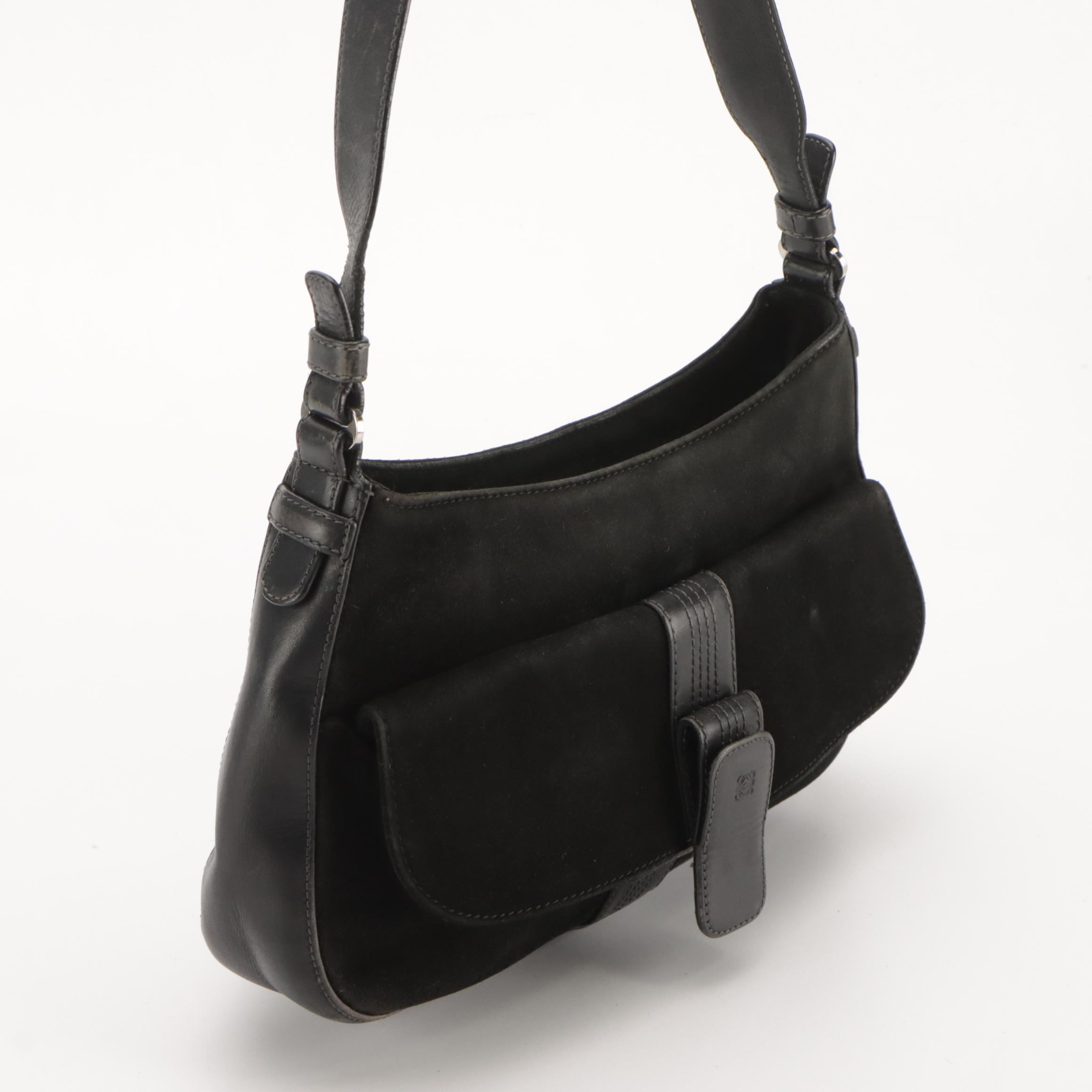 Loewe Zip-Top Shoulder Bag in Black Suede and Leather