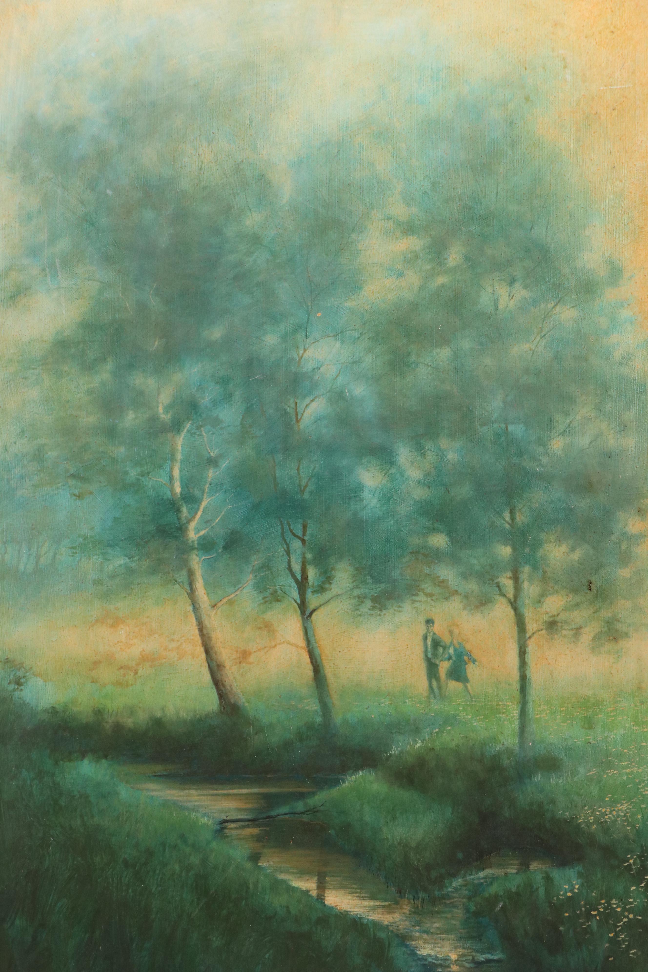 Landscape Oil Painting with Couple Near Woodland Stream, 1968