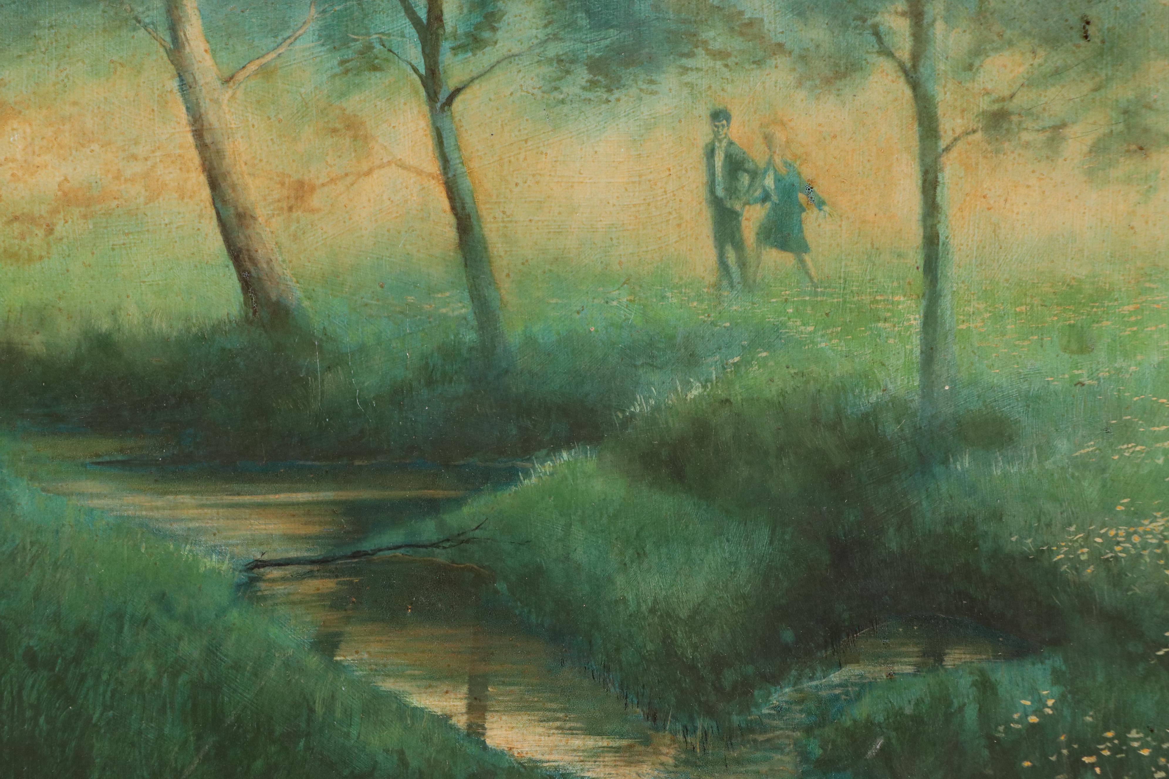 Landscape Oil Painting with Couple Near Woodland Stream, 1968