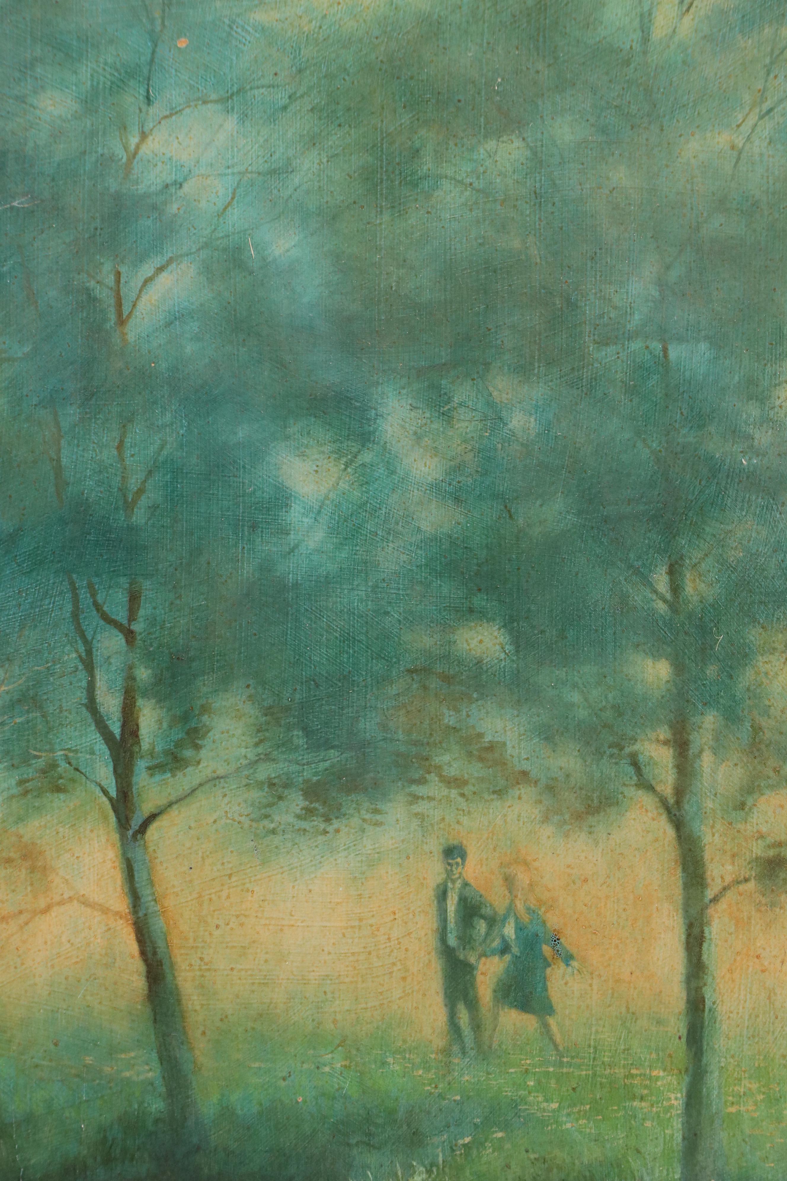 Landscape Oil Painting with Couple Near Woodland Stream, 1968