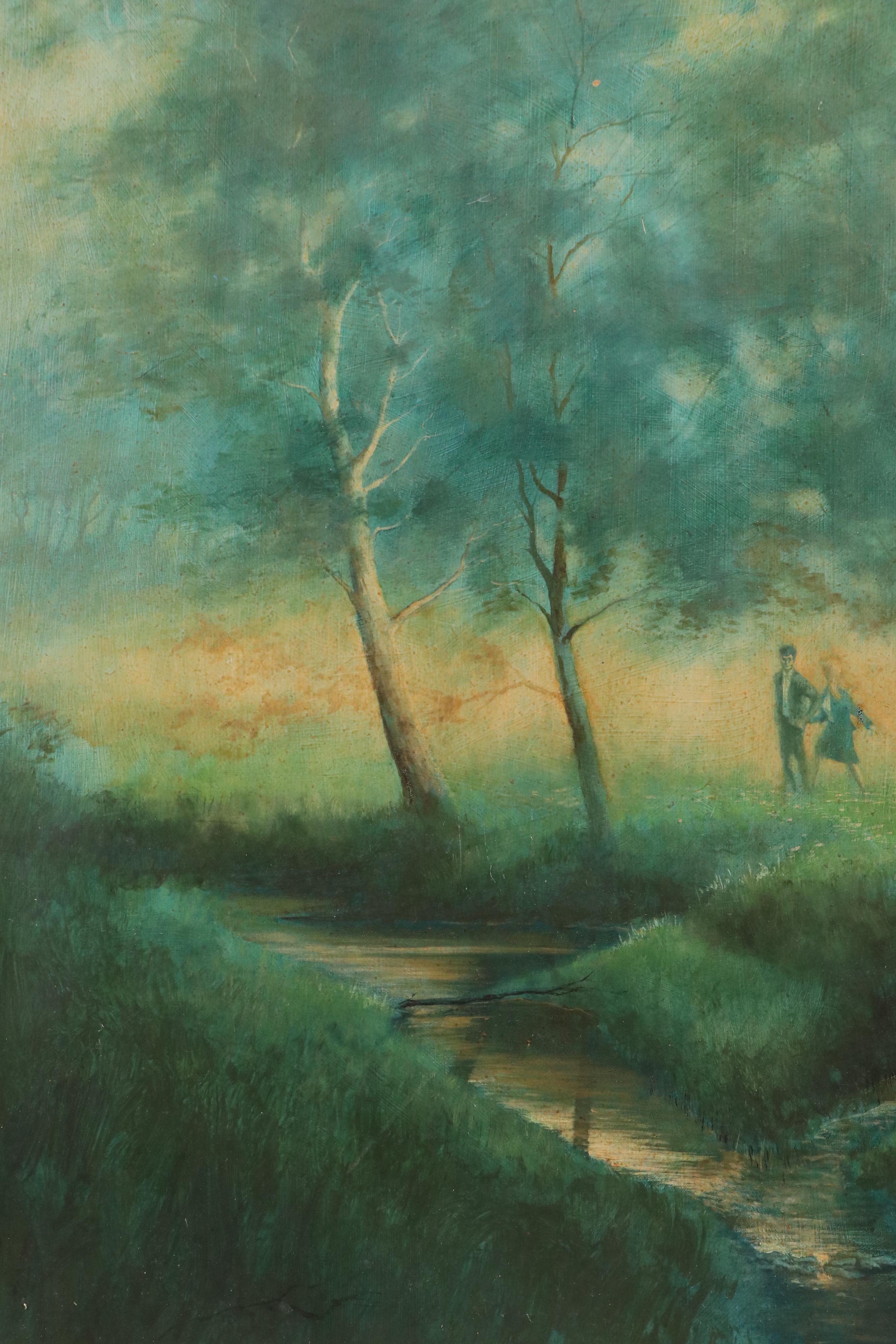 Landscape Oil Painting with Couple Near Woodland Stream, 1968