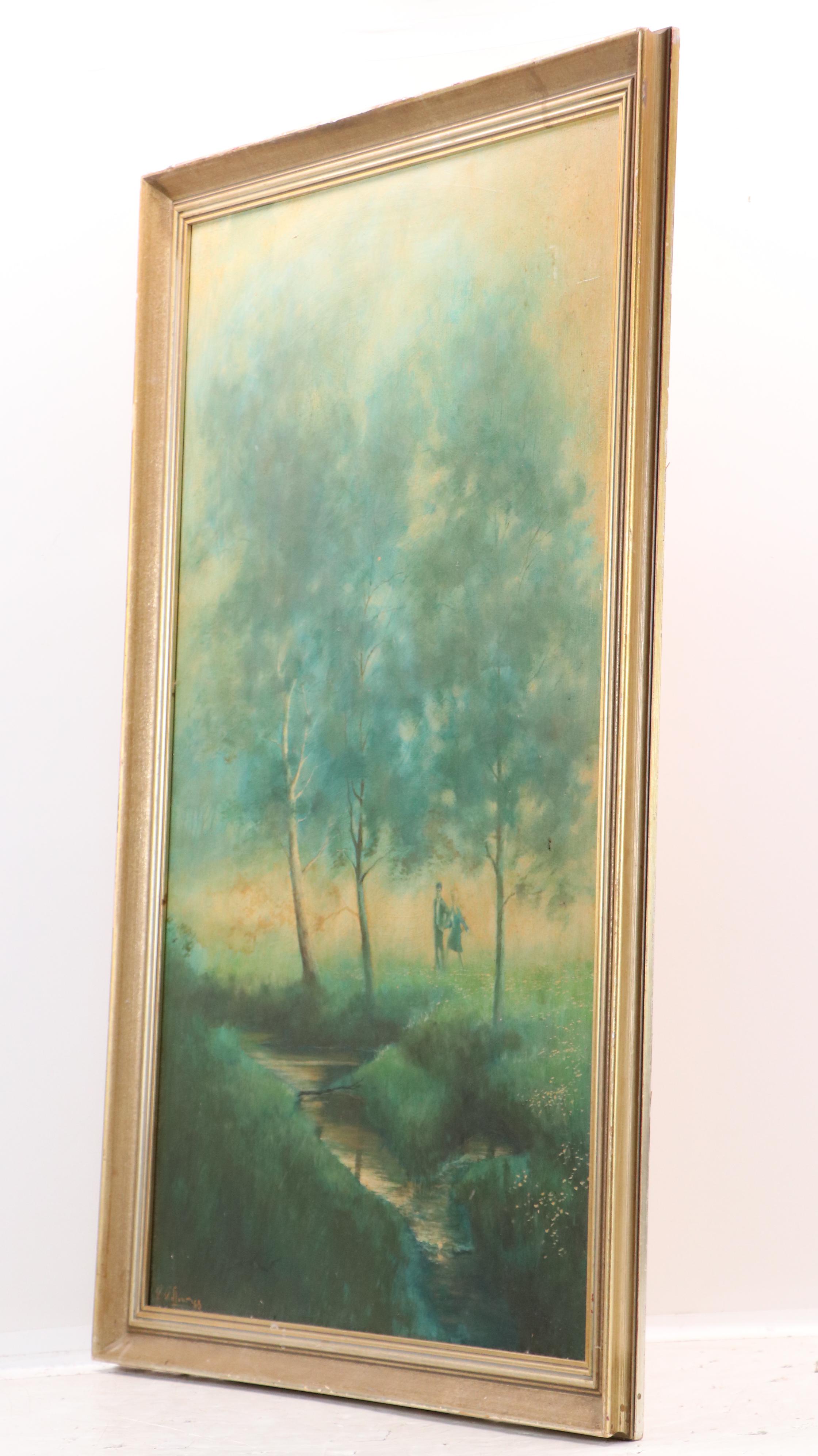 Landscape Oil Painting with Couple Near Woodland Stream, 1968