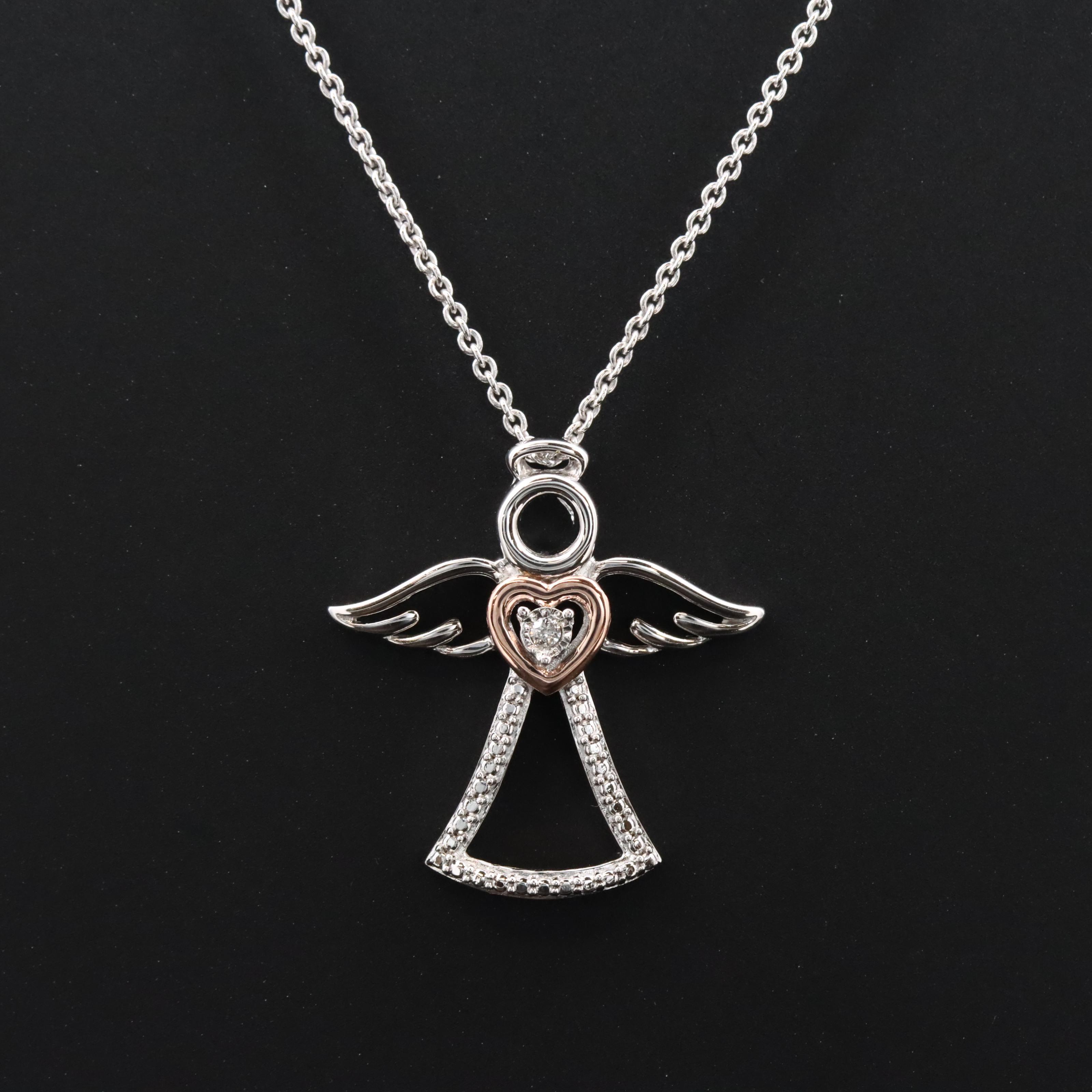 Sterling and Diamond Angel Pendant Necklace with 10K Rose Gold Accent