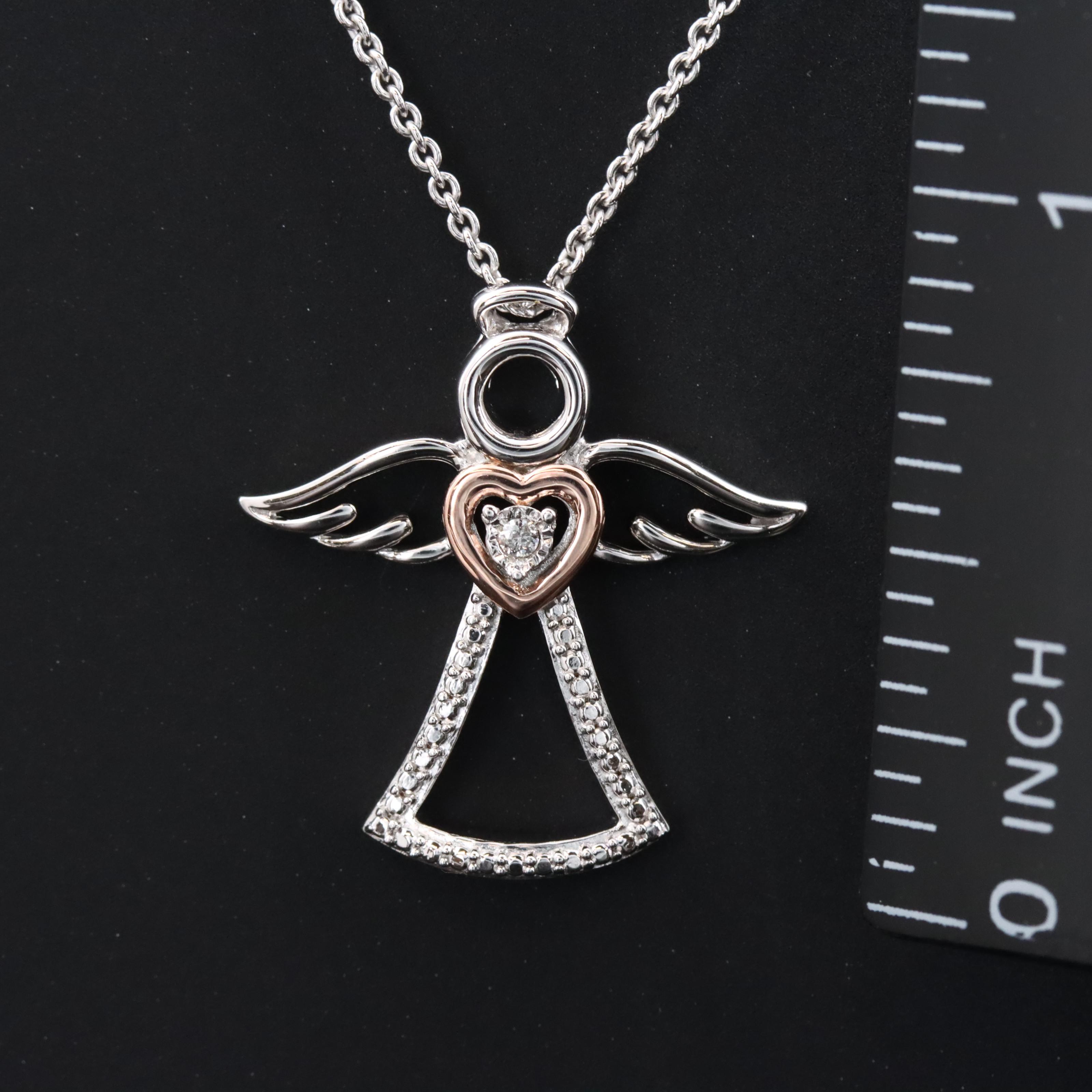 Sterling and Diamond Angel Pendant Necklace with 10K Rose Gold Accent