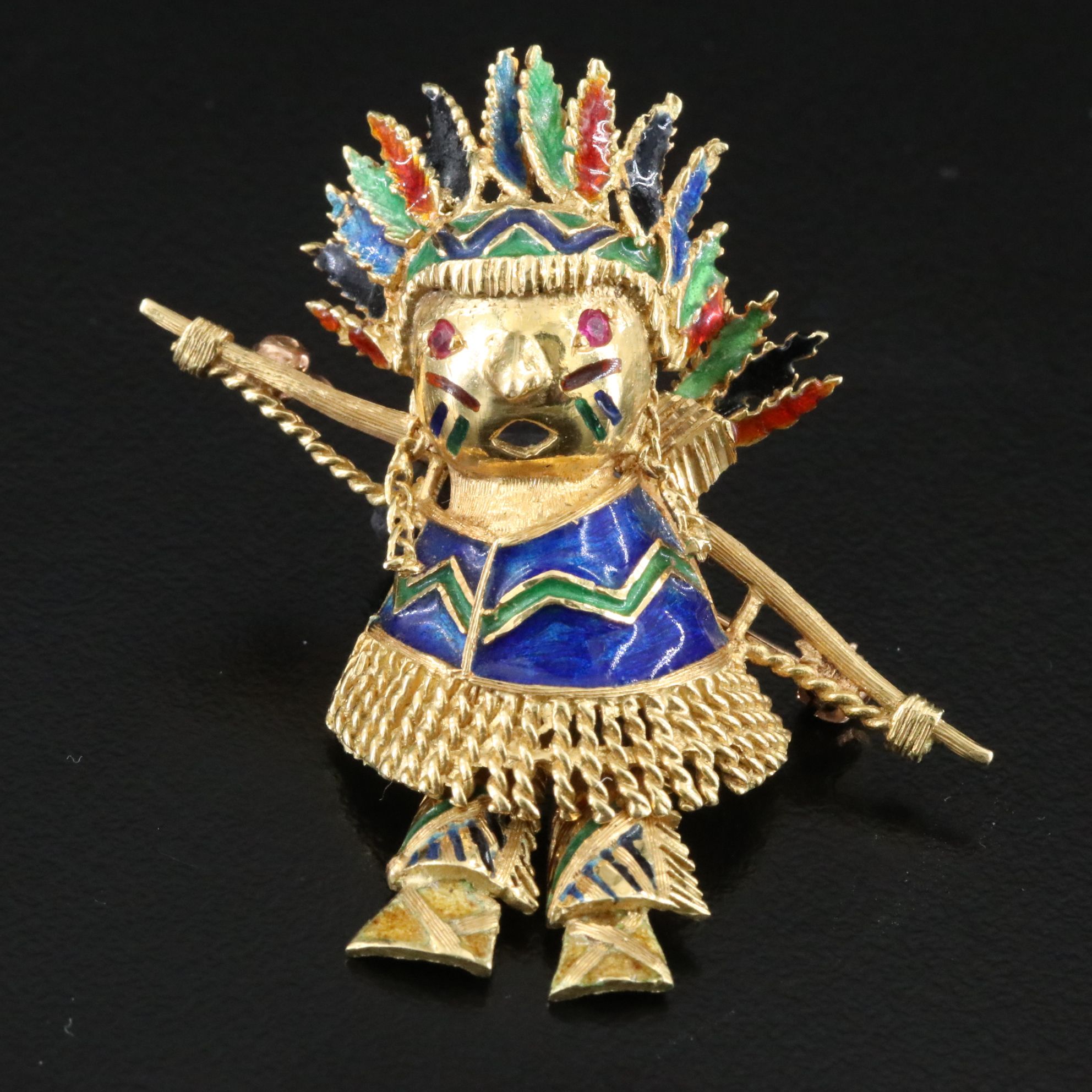 Cherny 18K Ruby and Enamel Indian Brooch