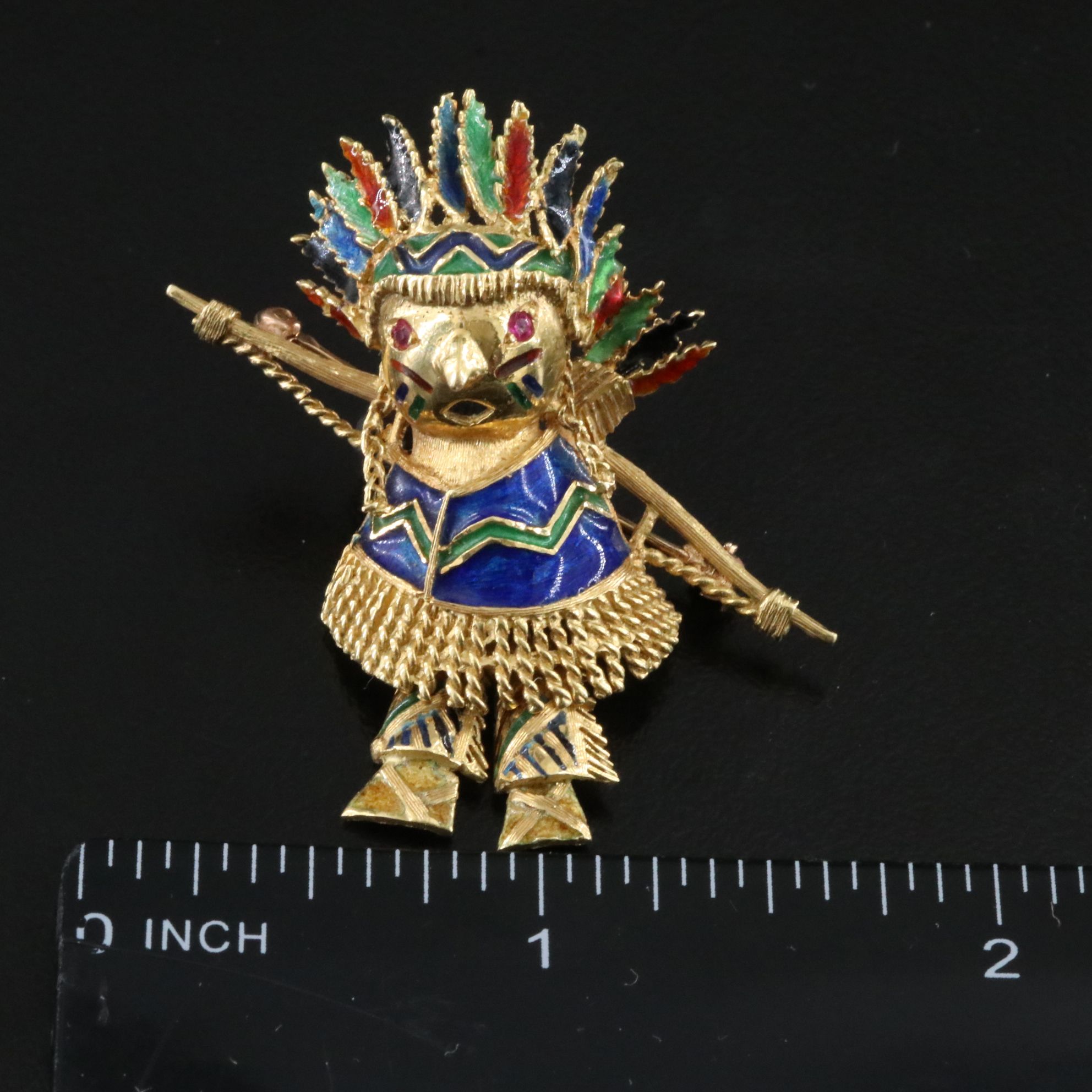 Cherny 18K Ruby and Enamel Indian Brooch