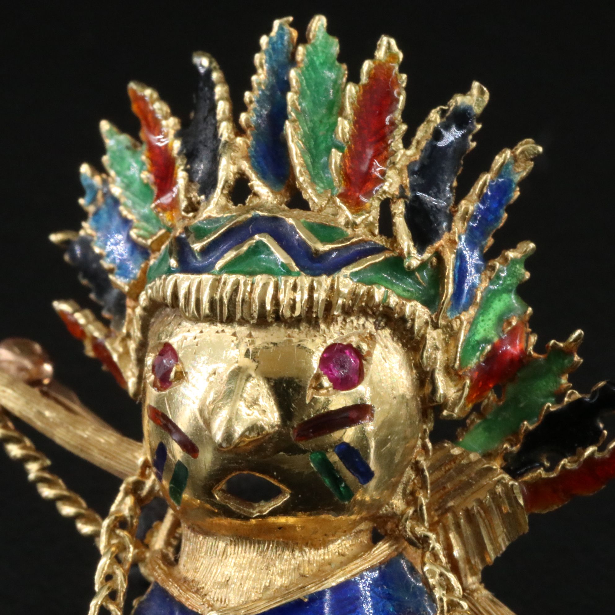 Cherny 18K Ruby and Enamel Indian Brooch