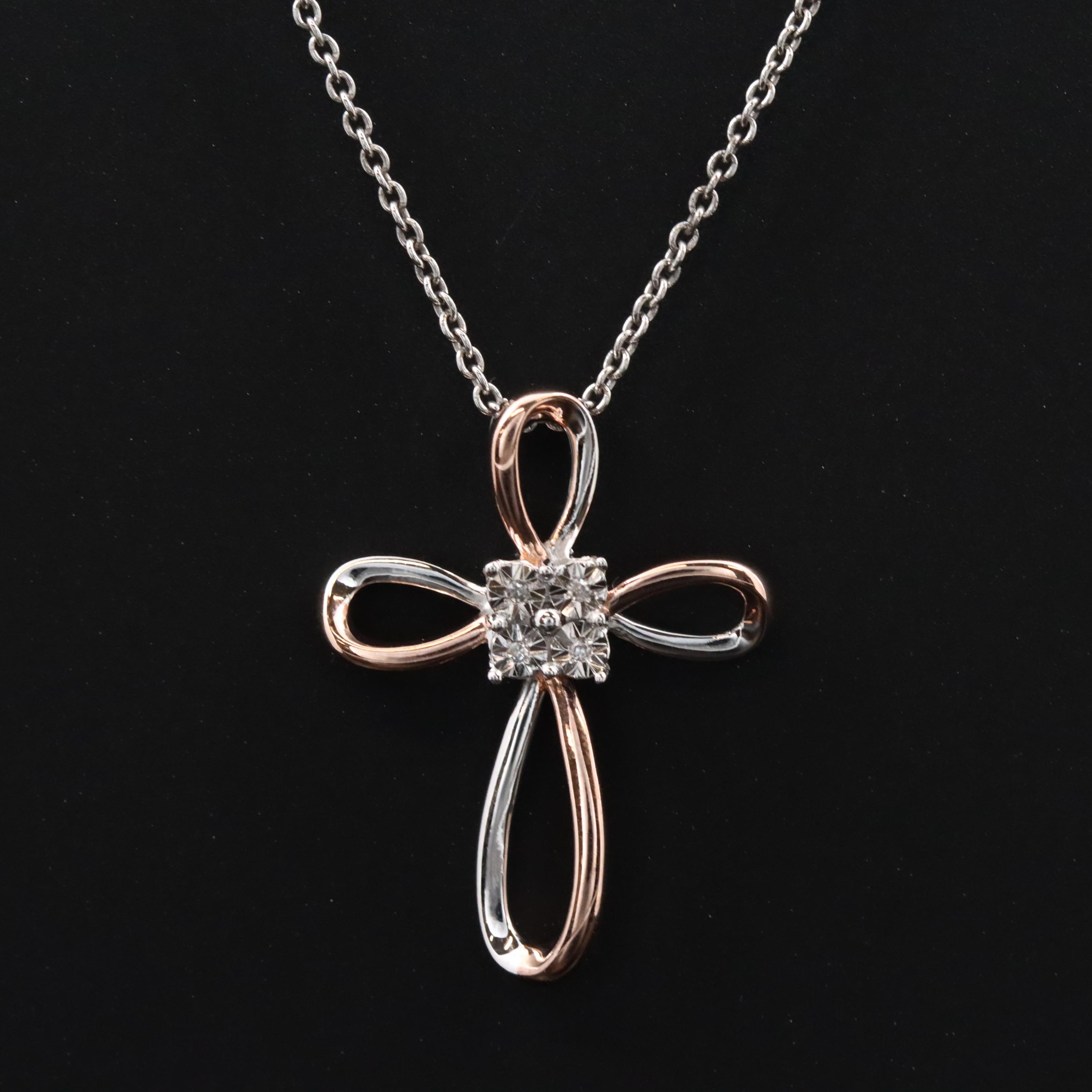 Sterling and Diamond Cross Pendant Necklace with Rose Tone Accent