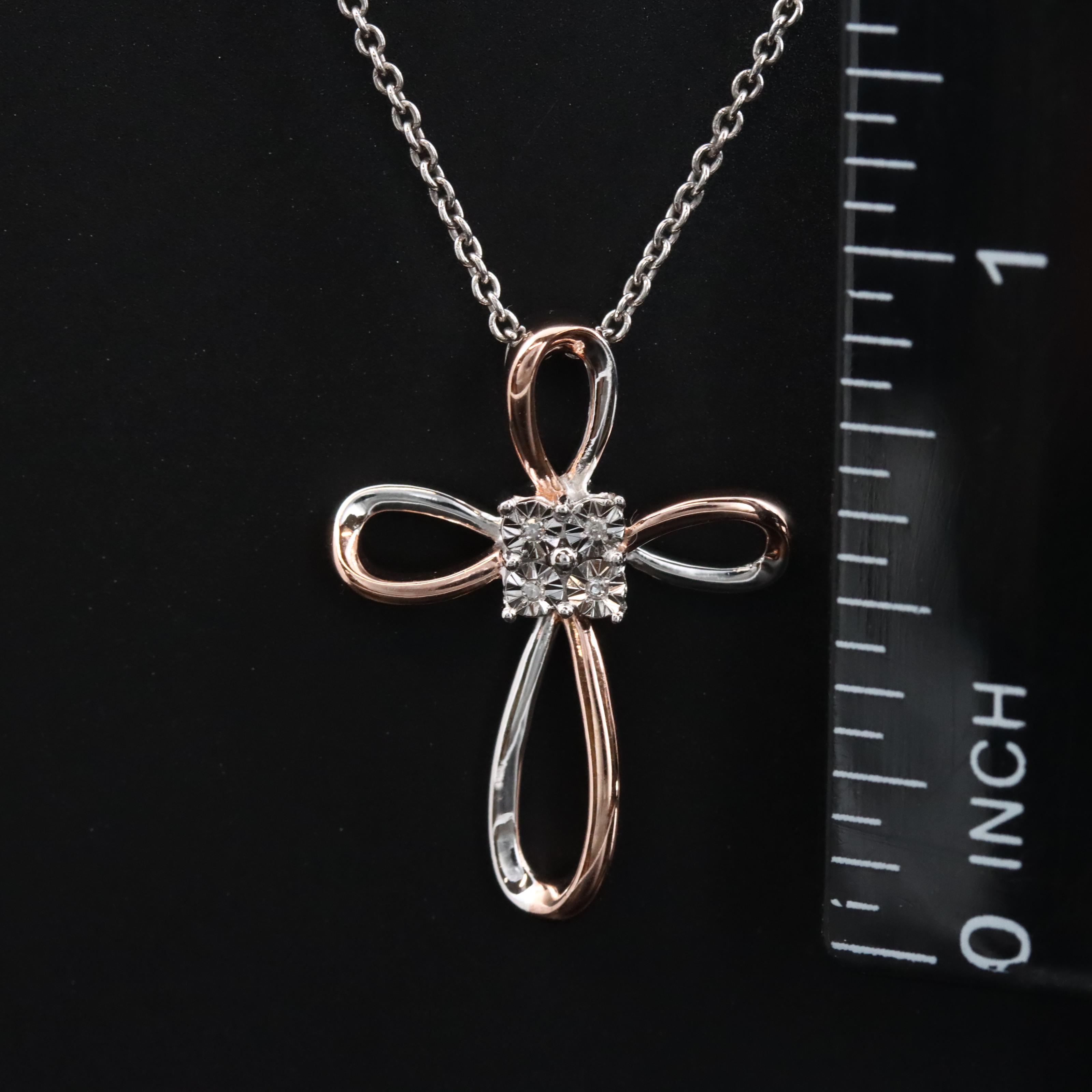 Sterling and Diamond Cross Pendant Necklace with Rose Tone Accent