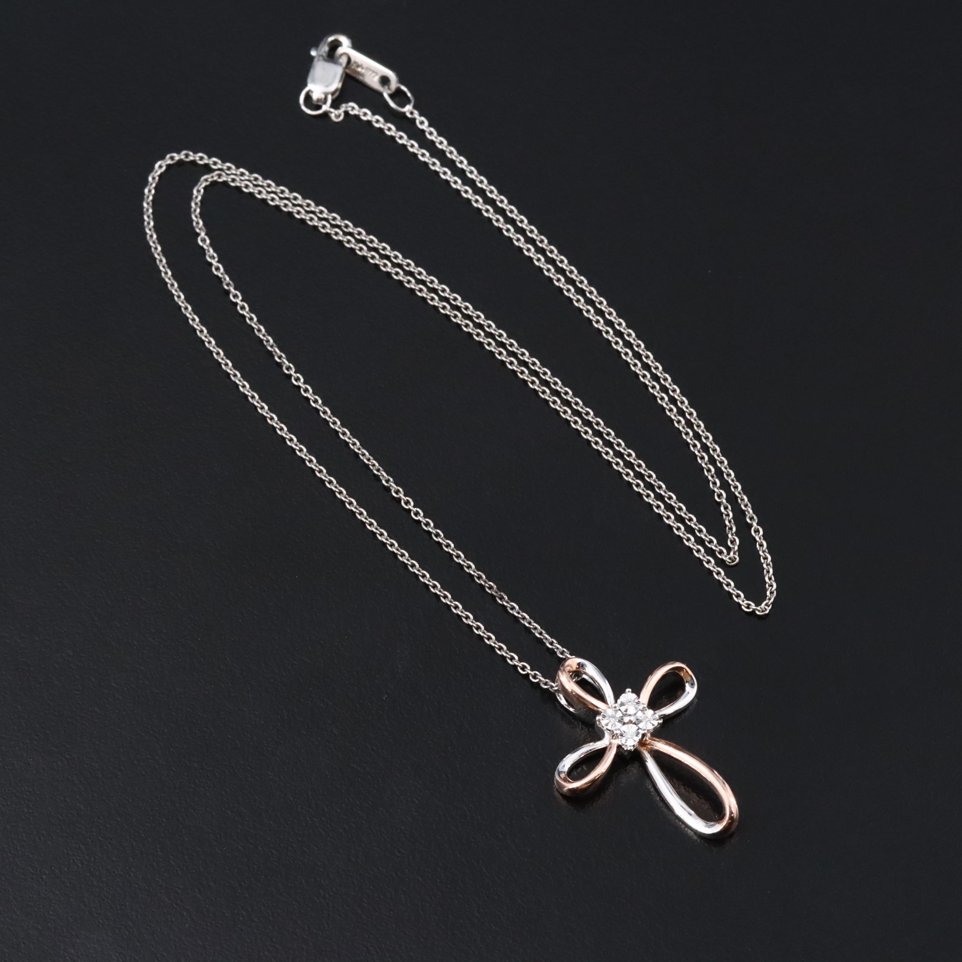 Sterling and Diamond Cross Pendant Necklace with Rose Tone Accent