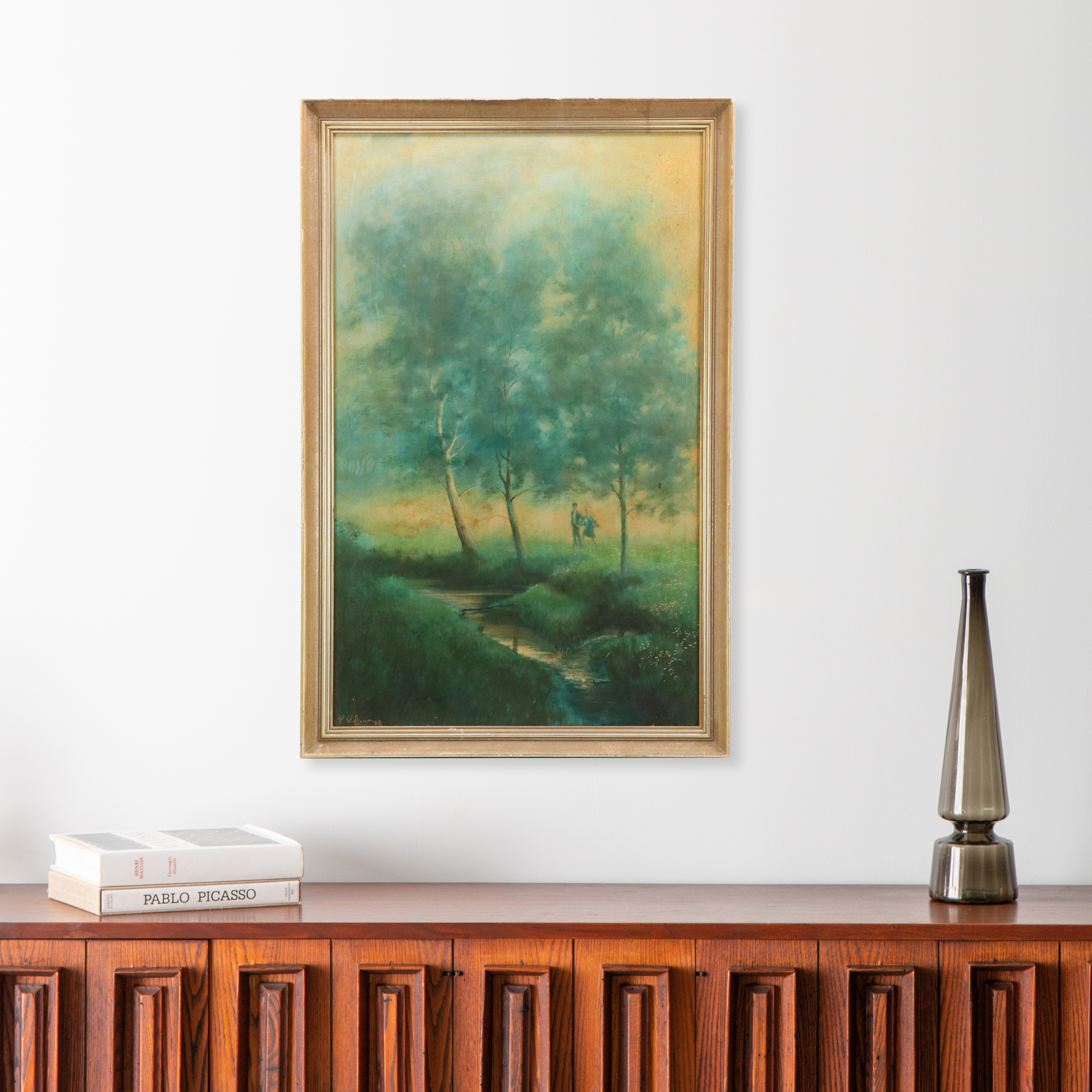 Landscape Oil Painting with Couple Near Woodland Stream, 1968