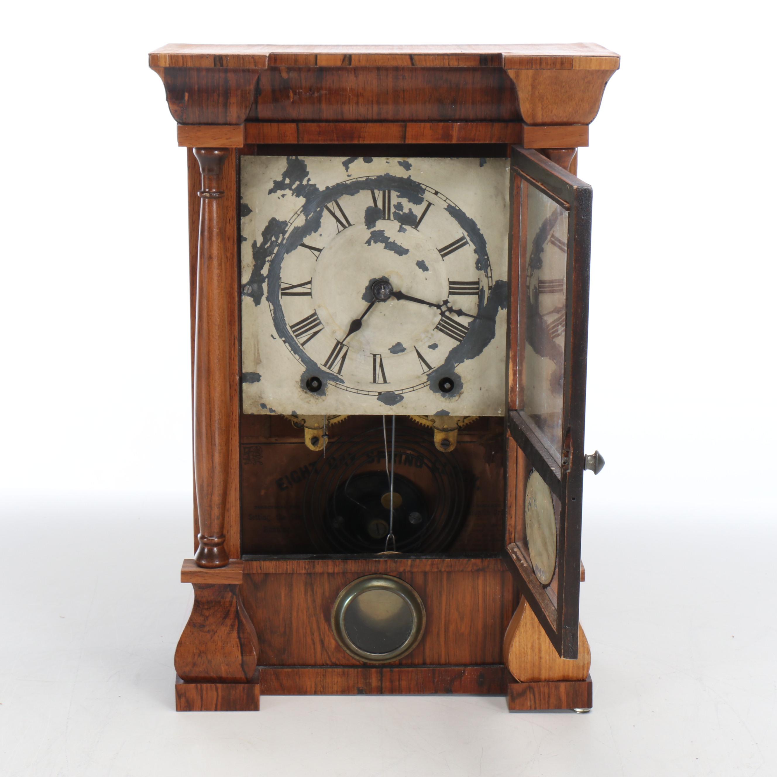 Empire Style Rosewood Shelf Clock with Reverse Glass Alpine Landscape Panel