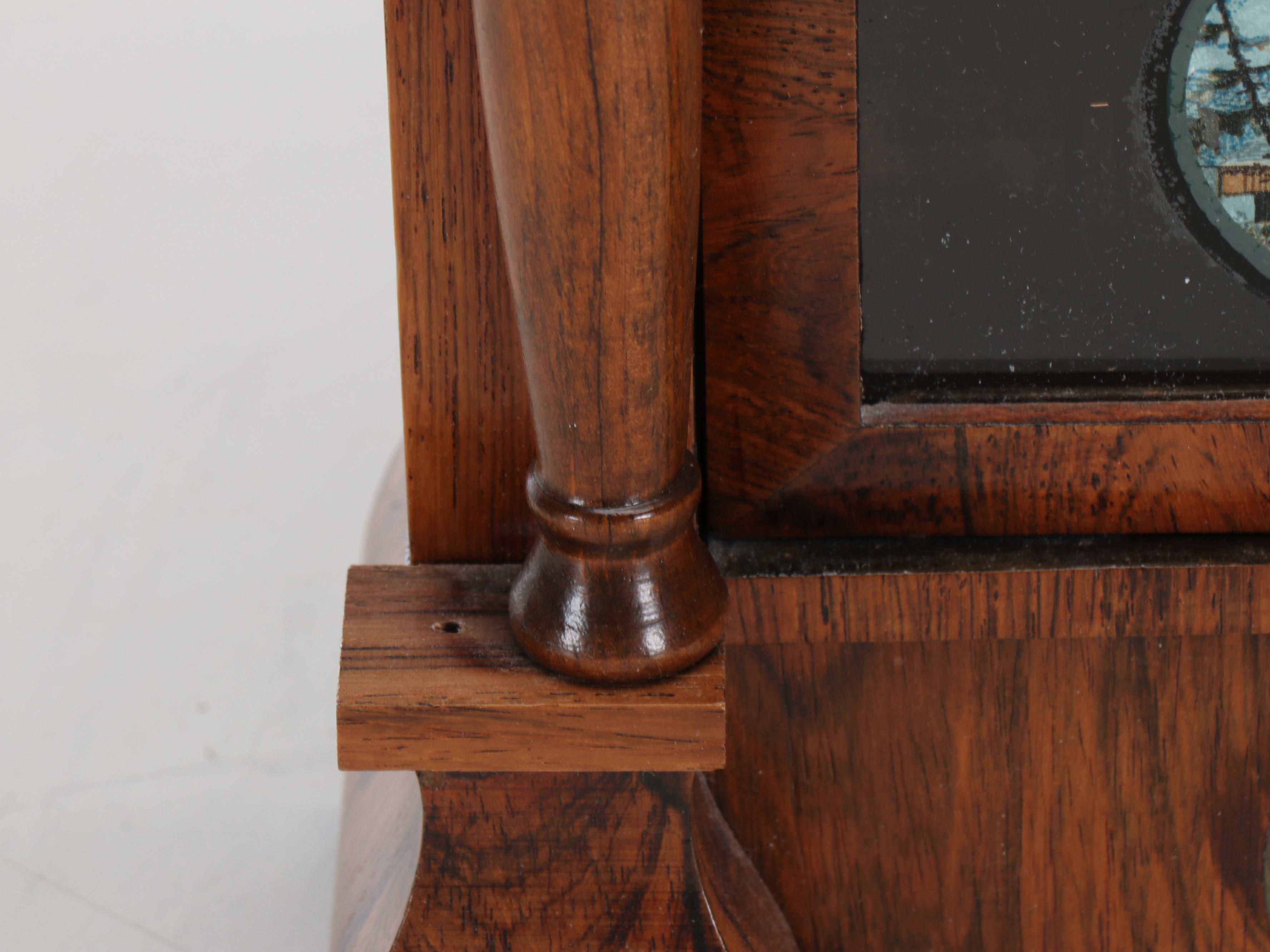 Empire Style Rosewood Shelf Clock with Reverse Glass Alpine Landscape Panel