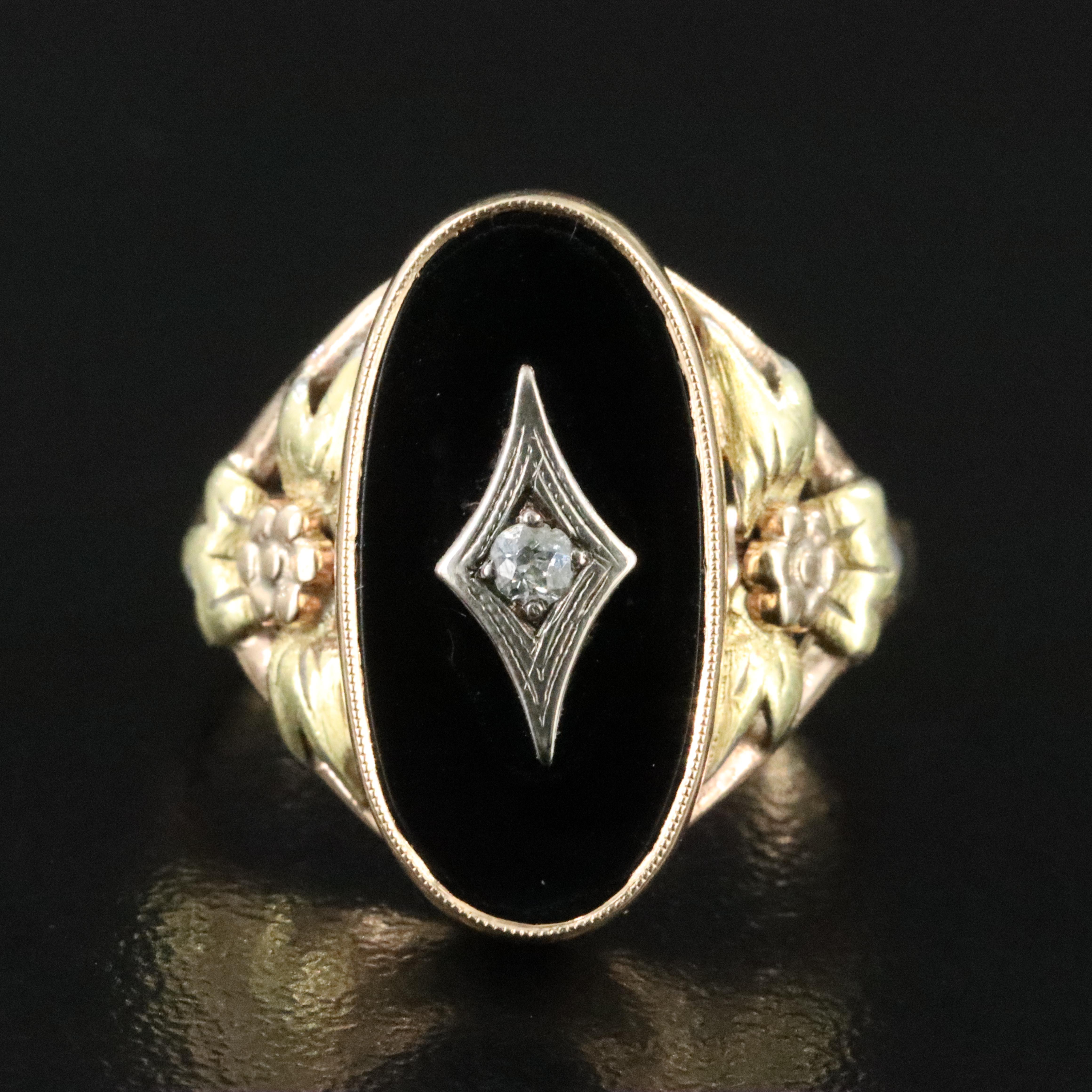14K Tri-Color Black Onyx and Diamond Floral Accent Ring
