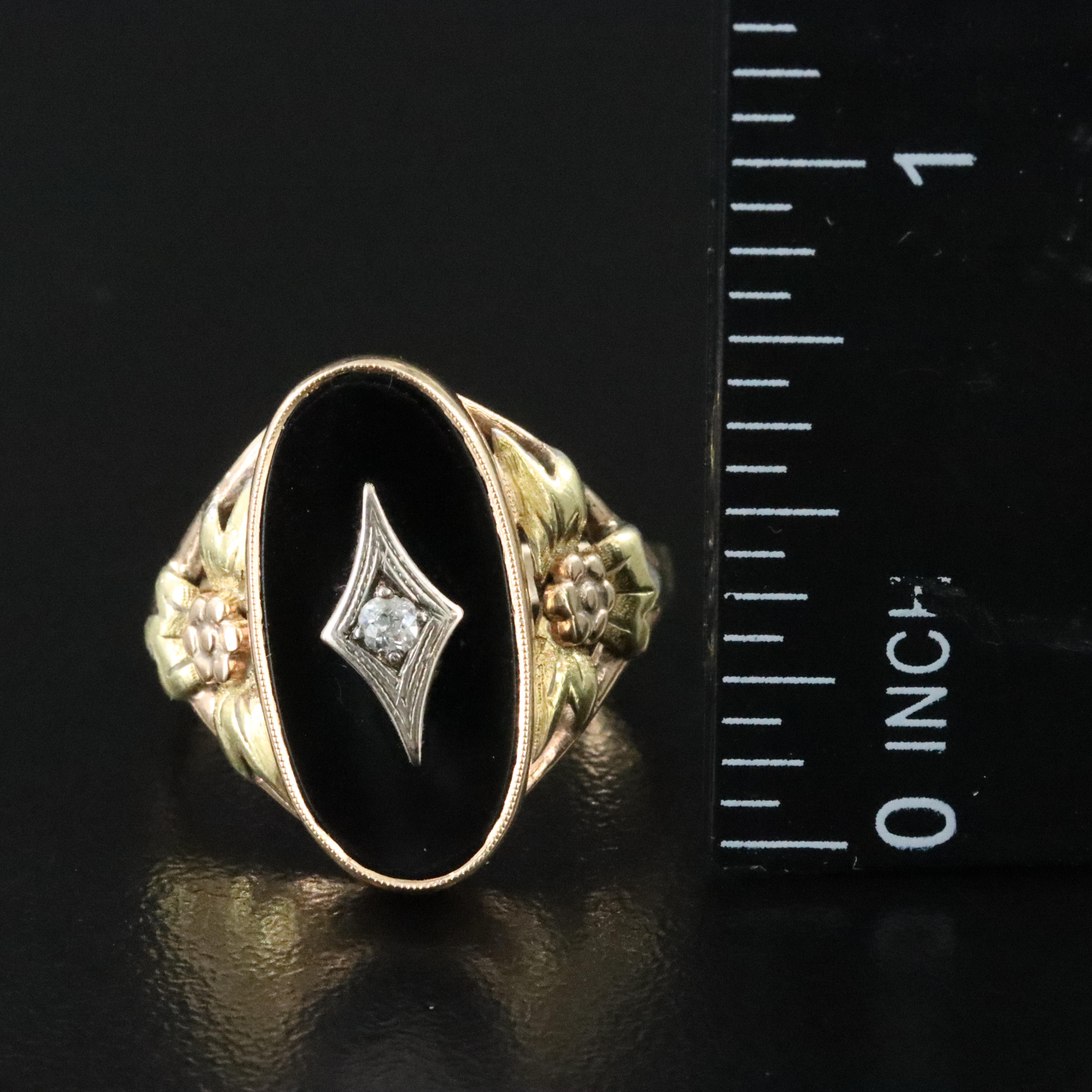14K Tri-Color Black Onyx and Diamond Floral Accent Ring