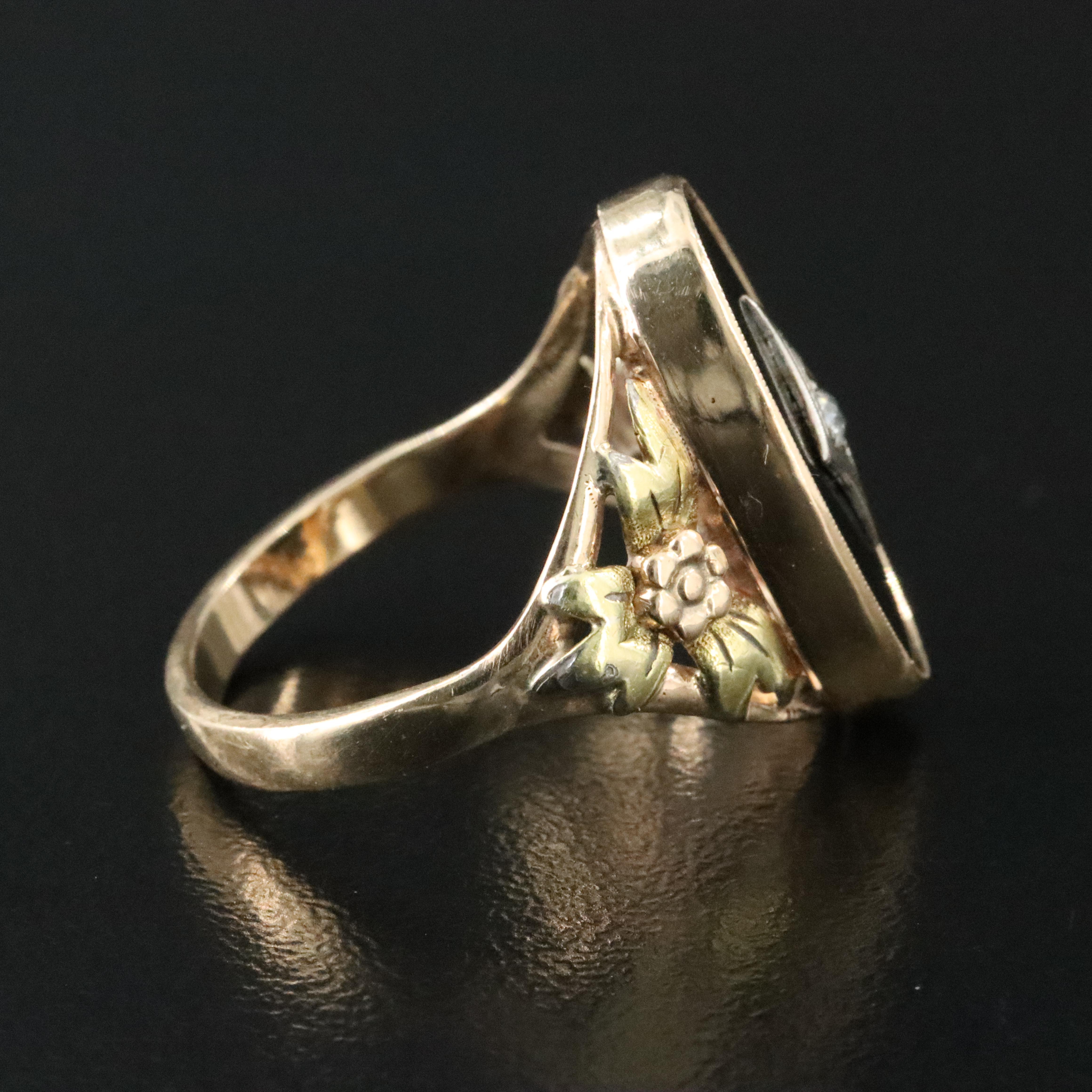 14K Tri-Color Black Onyx and Diamond Floral Accent Ring