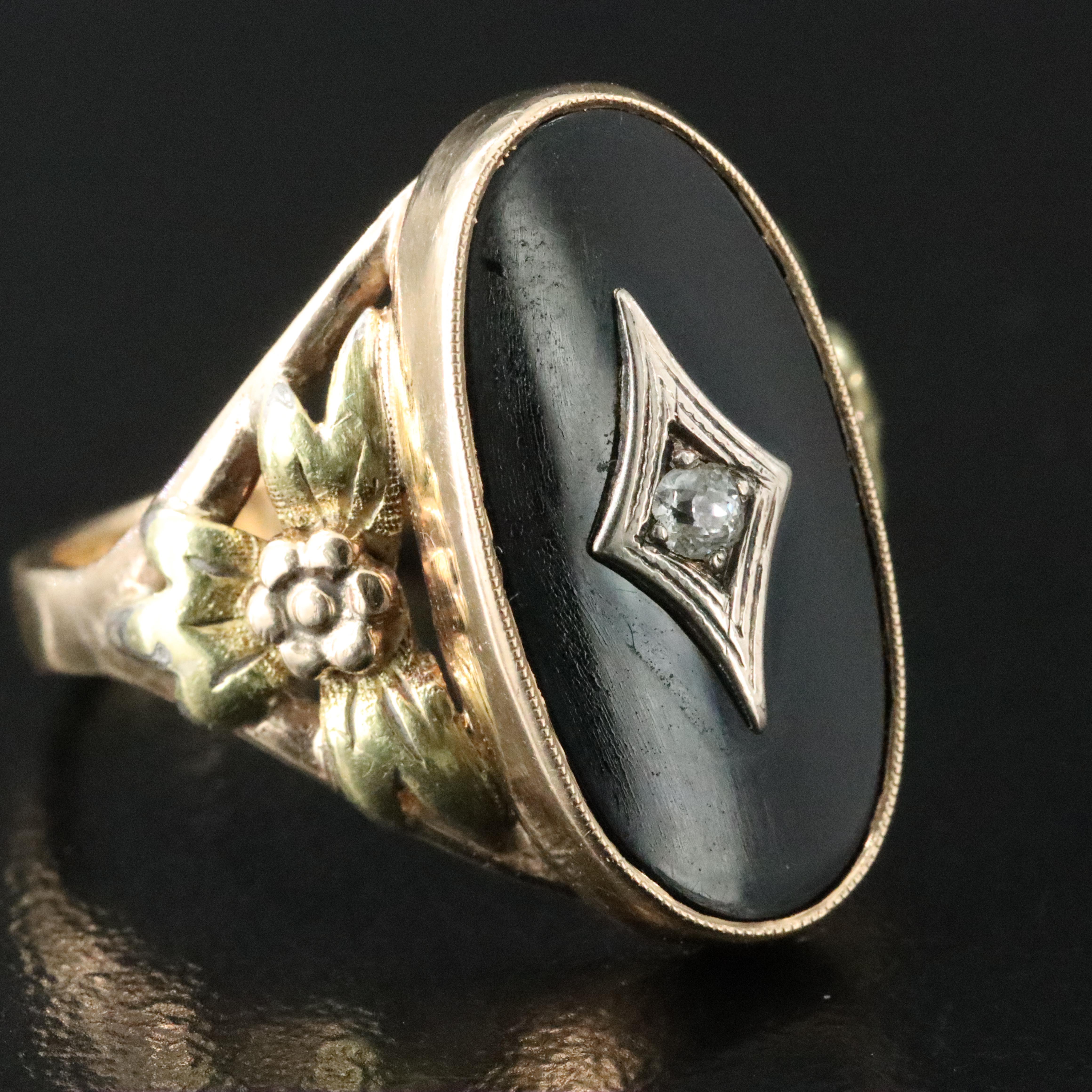 14K Tri-Color Black Onyx and Diamond Floral Accent Ring