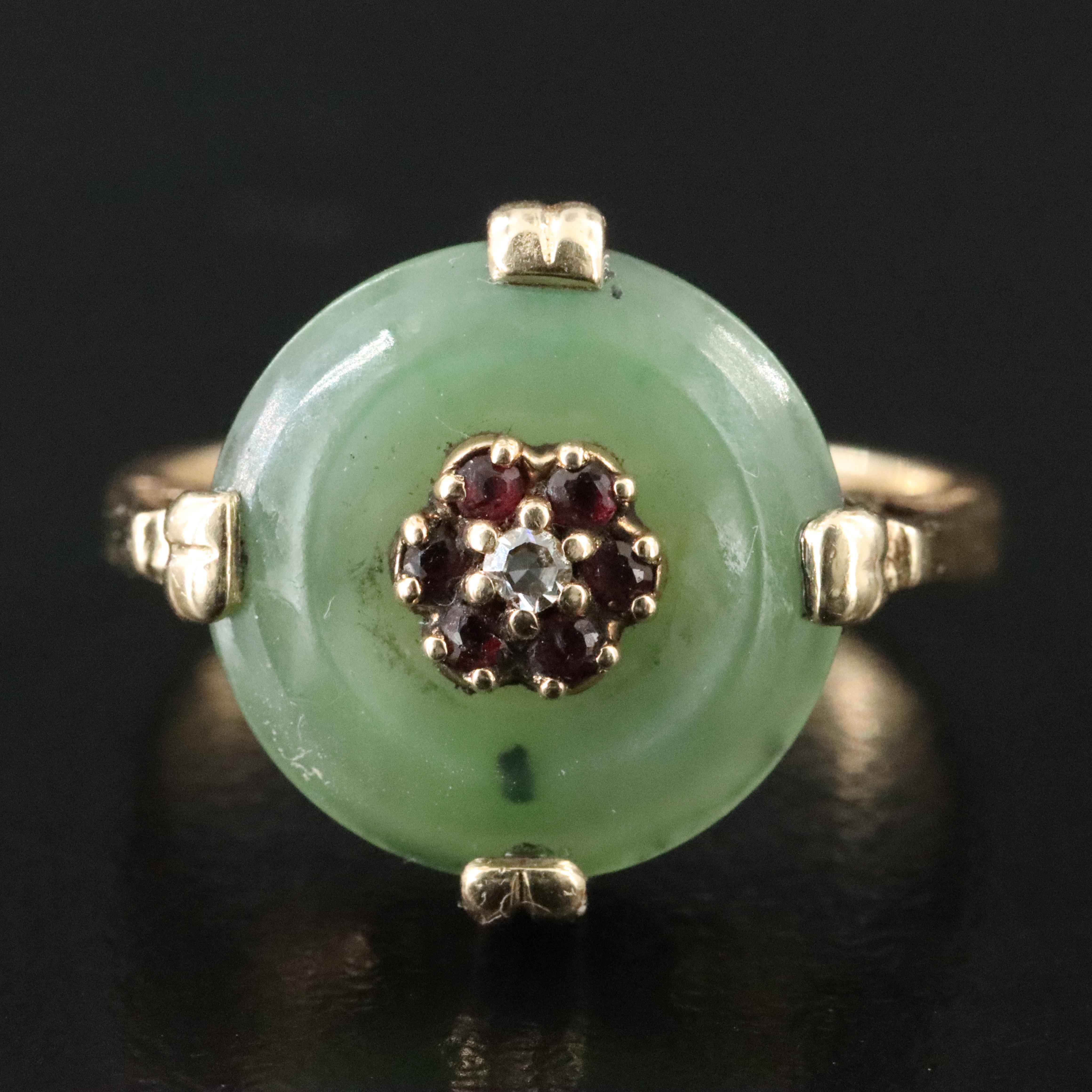 14K Nephrite, Ruby, and Diamond Bullseye Ring