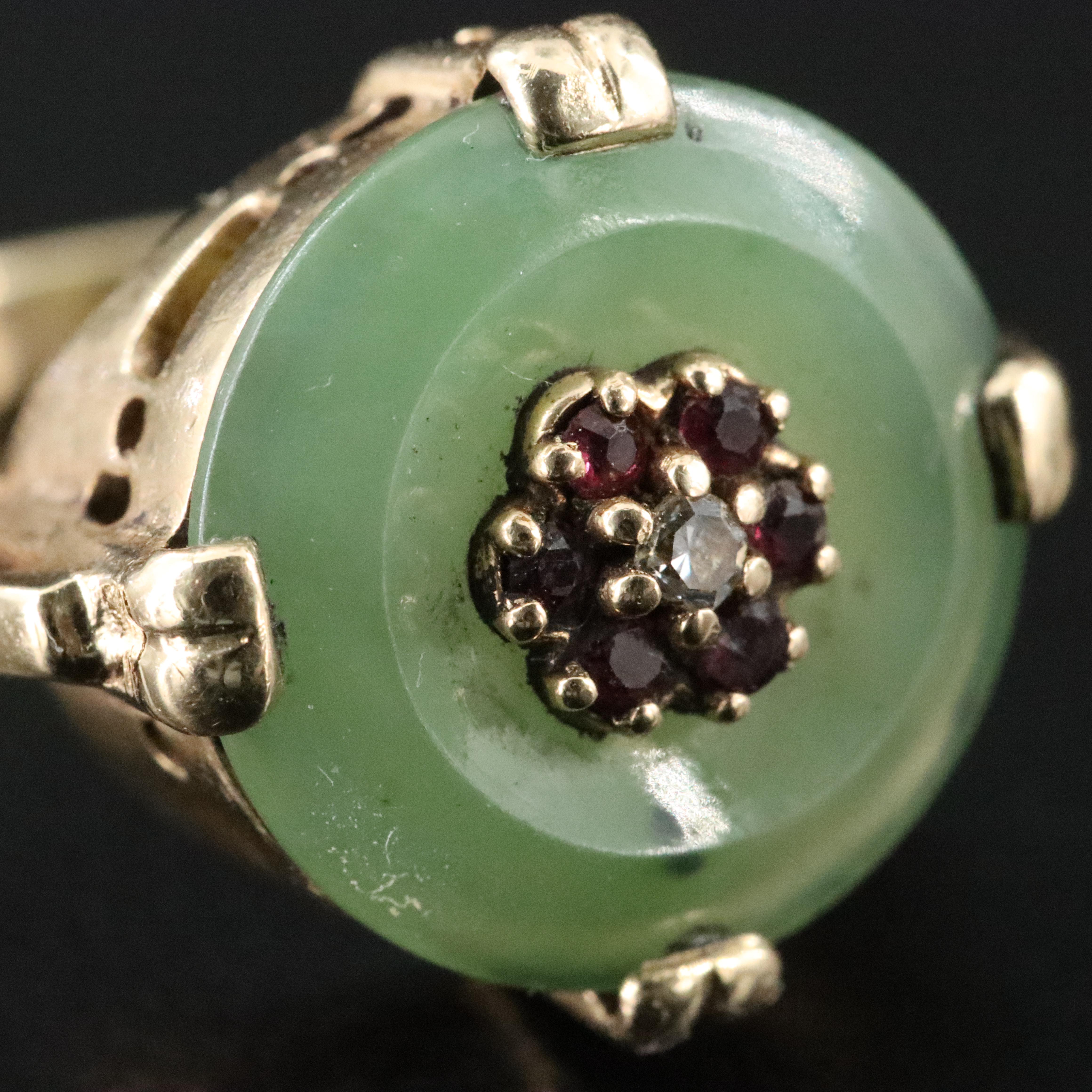 14K Nephrite, Ruby, and Diamond Bullseye Ring