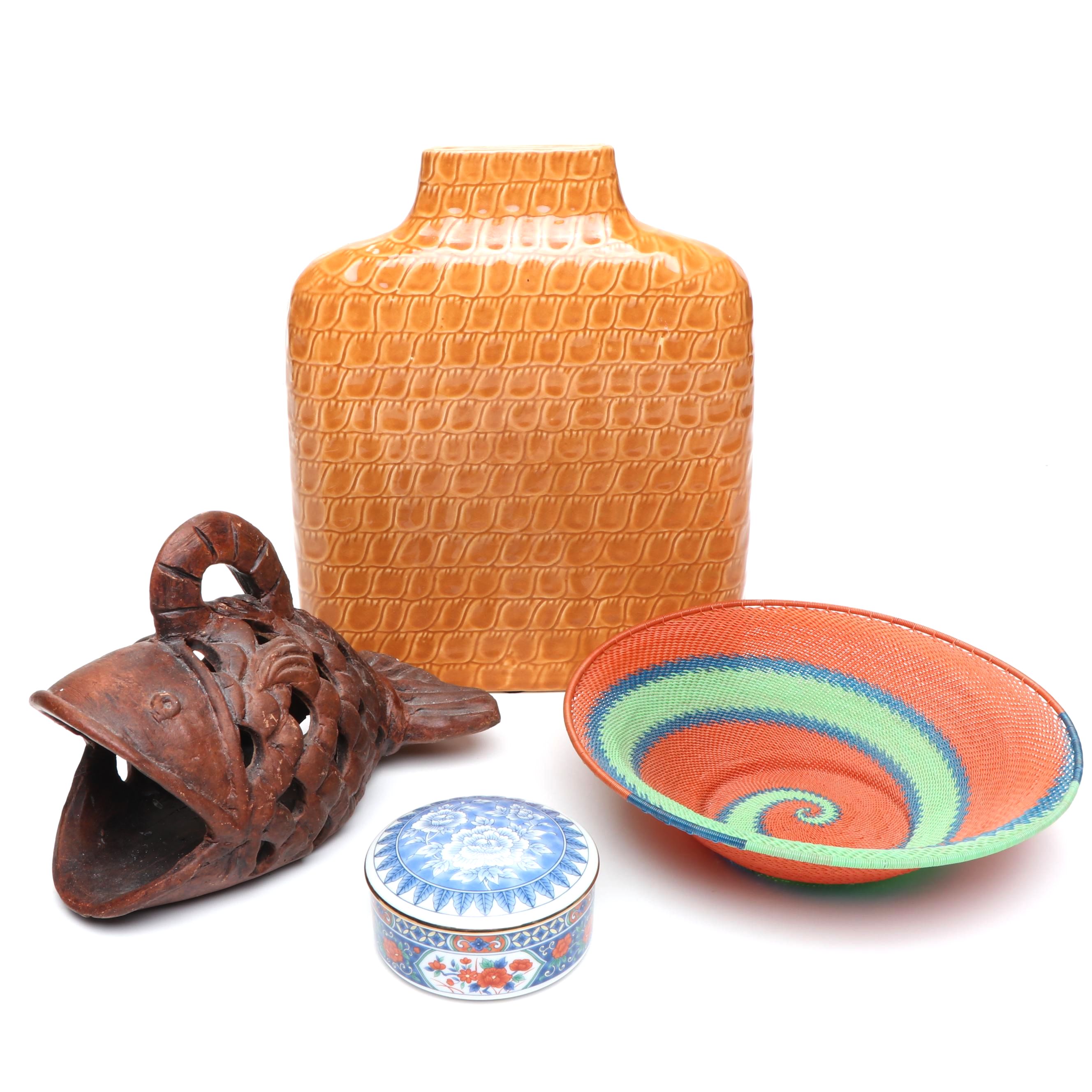 Tiffany & Co. Imari Style Porcelain Box, Zulu Wire Woven Bowl, with Ceramics