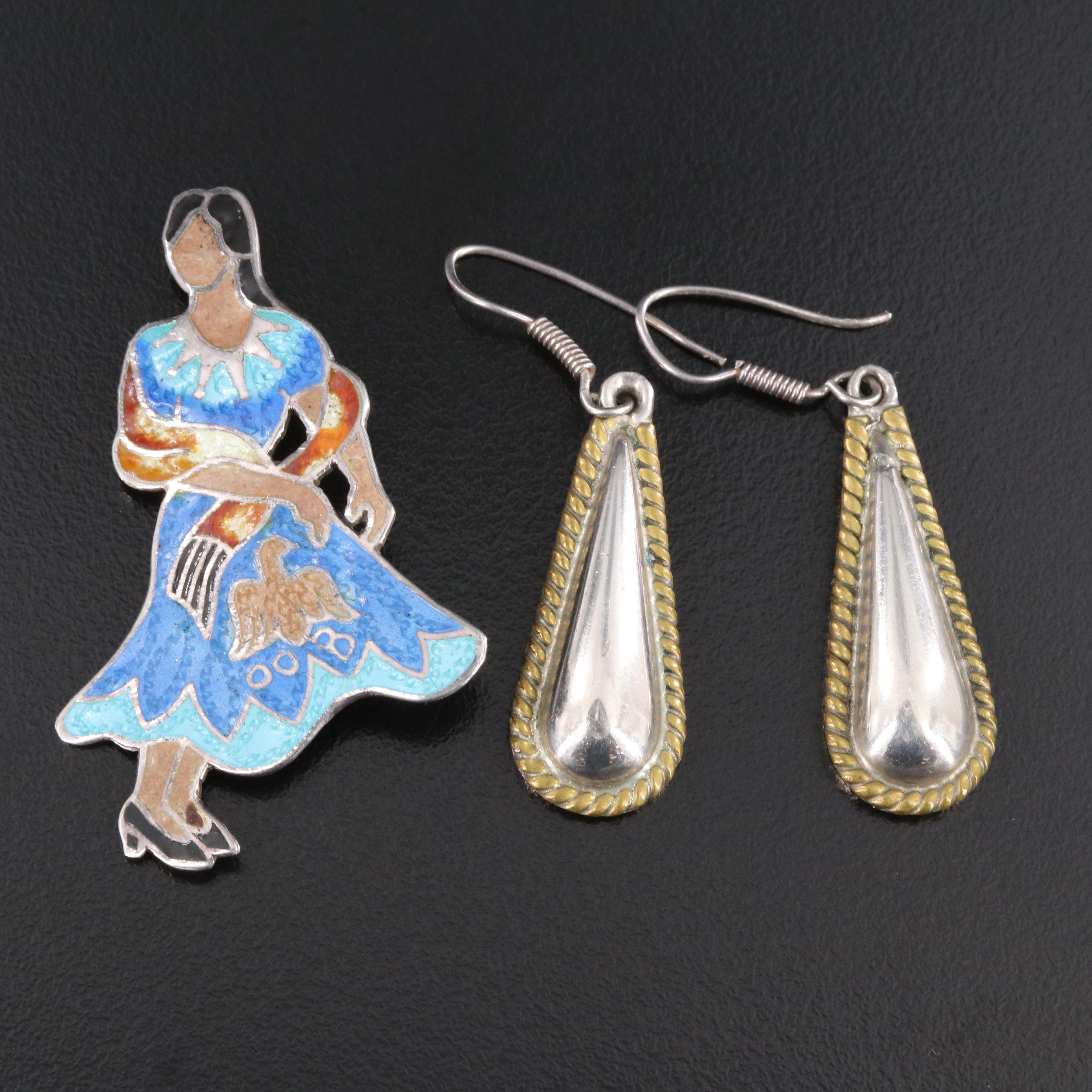 Mexican Sterling Enamel Brooch and Drop Earrings with Brass Rope Accent