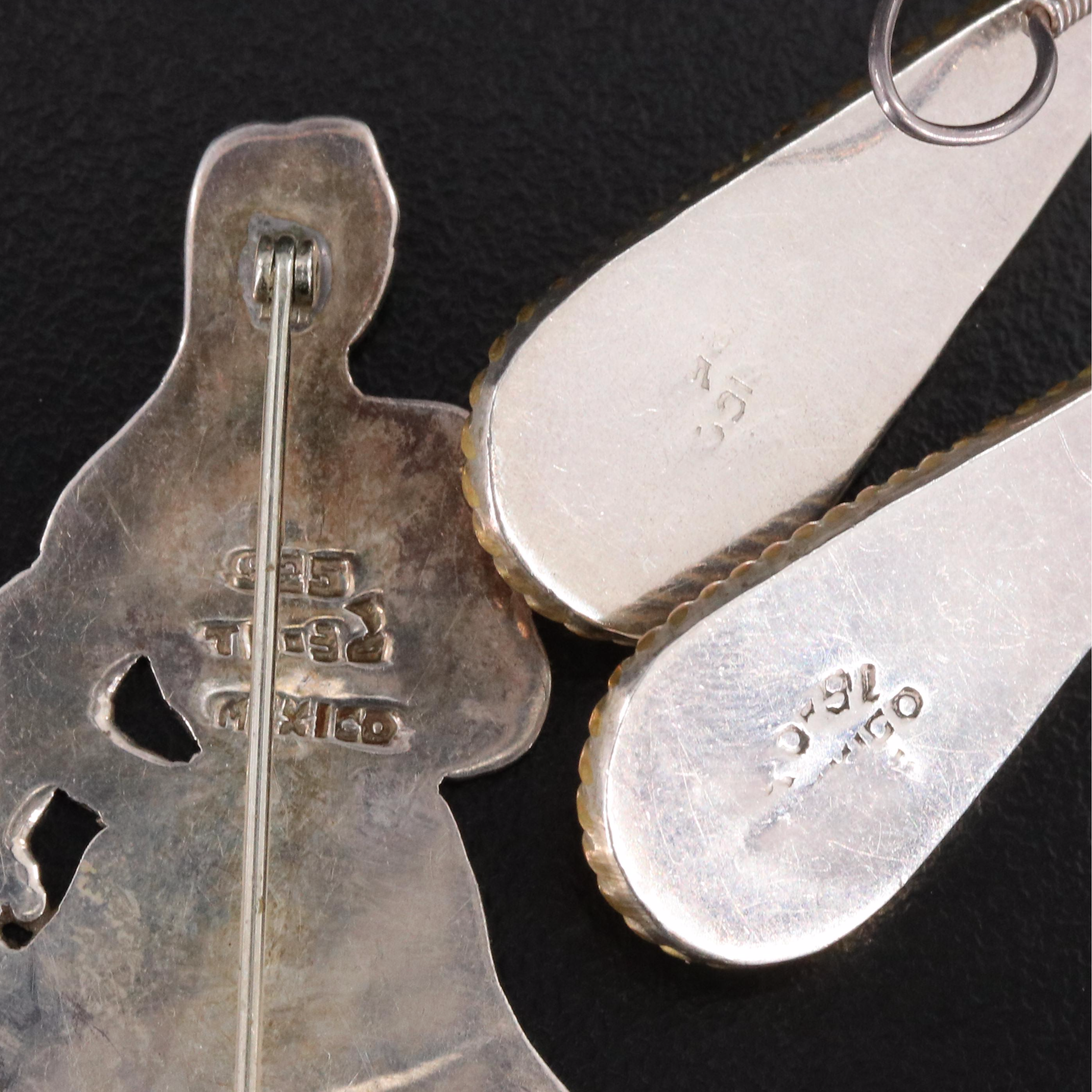 Mexican Sterling Enamel Brooch and Drop Earrings with Brass Rope Accent