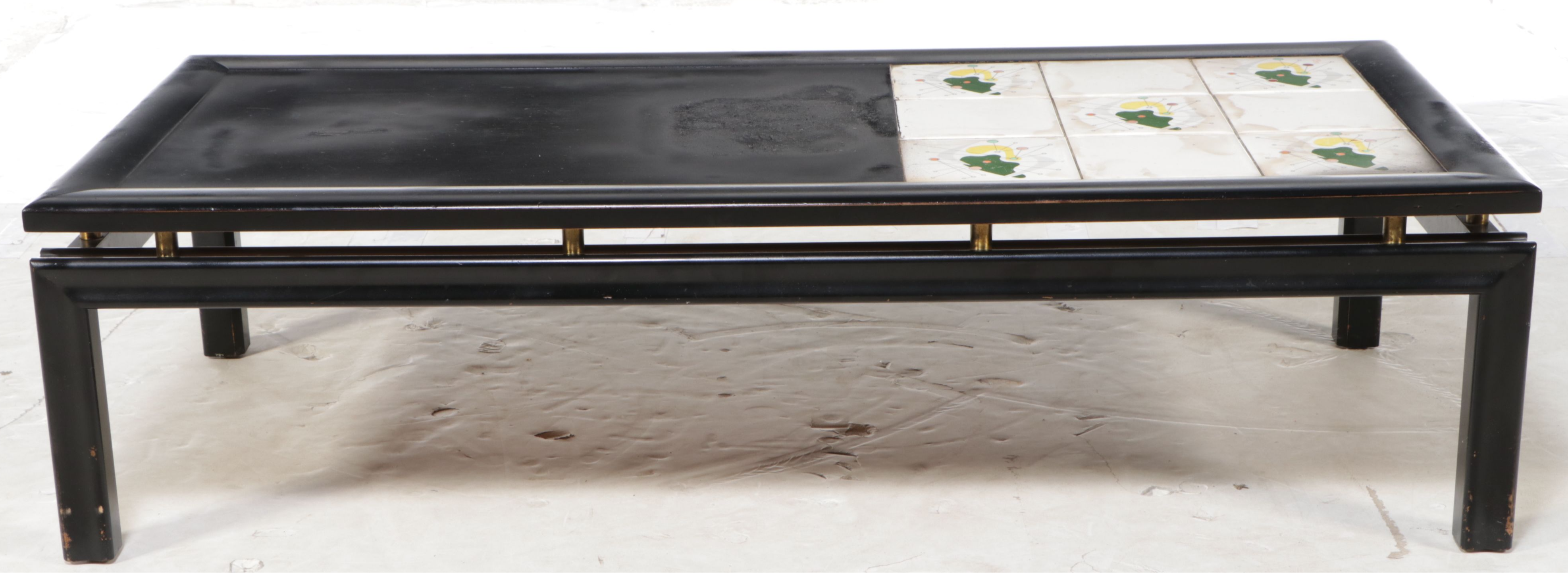 Mid-Century Modern Ebonized Wood Coffee Table with Atomic Ceramic Tiles
