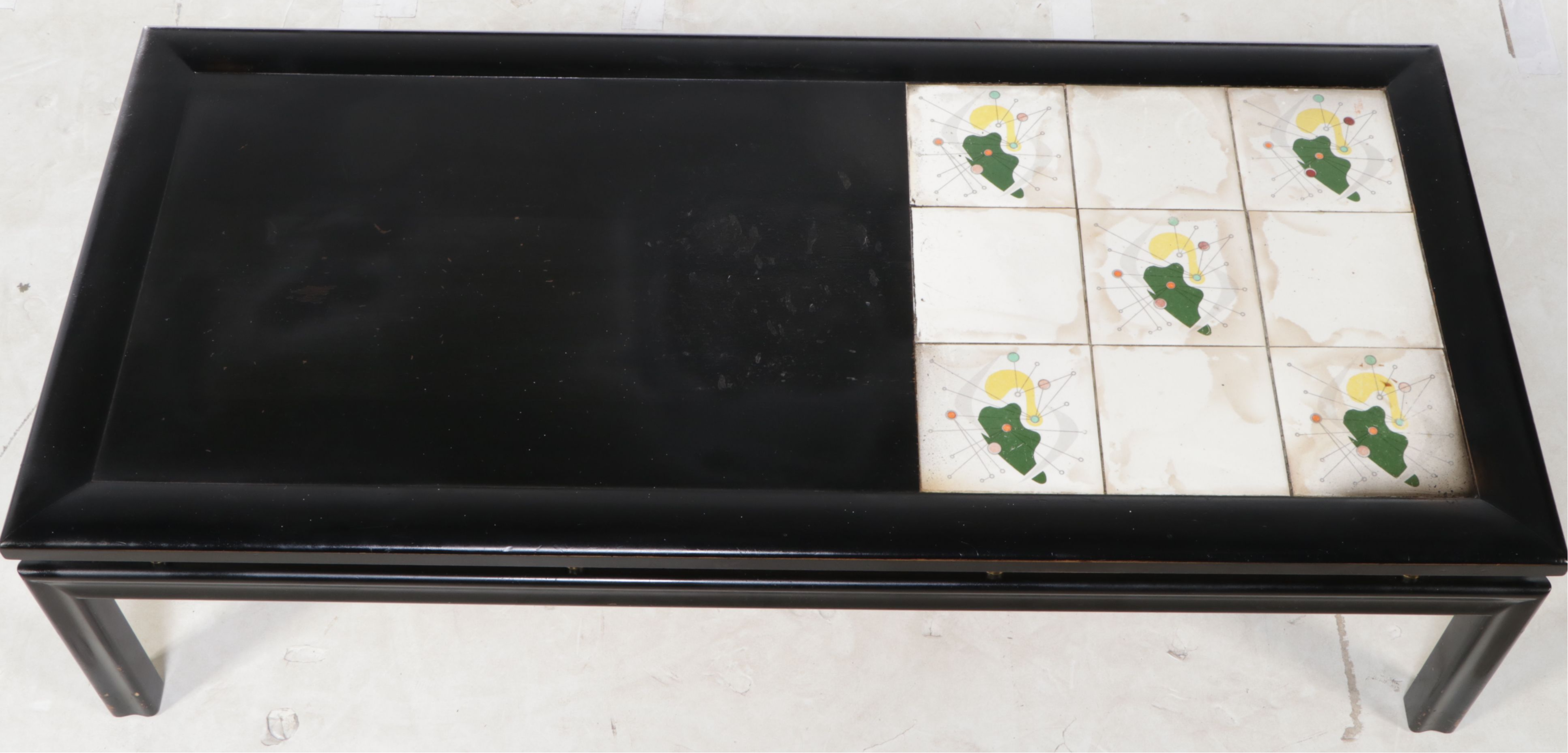 Mid-Century Modern Ebonized Wood Coffee Table with Atomic Ceramic Tiles