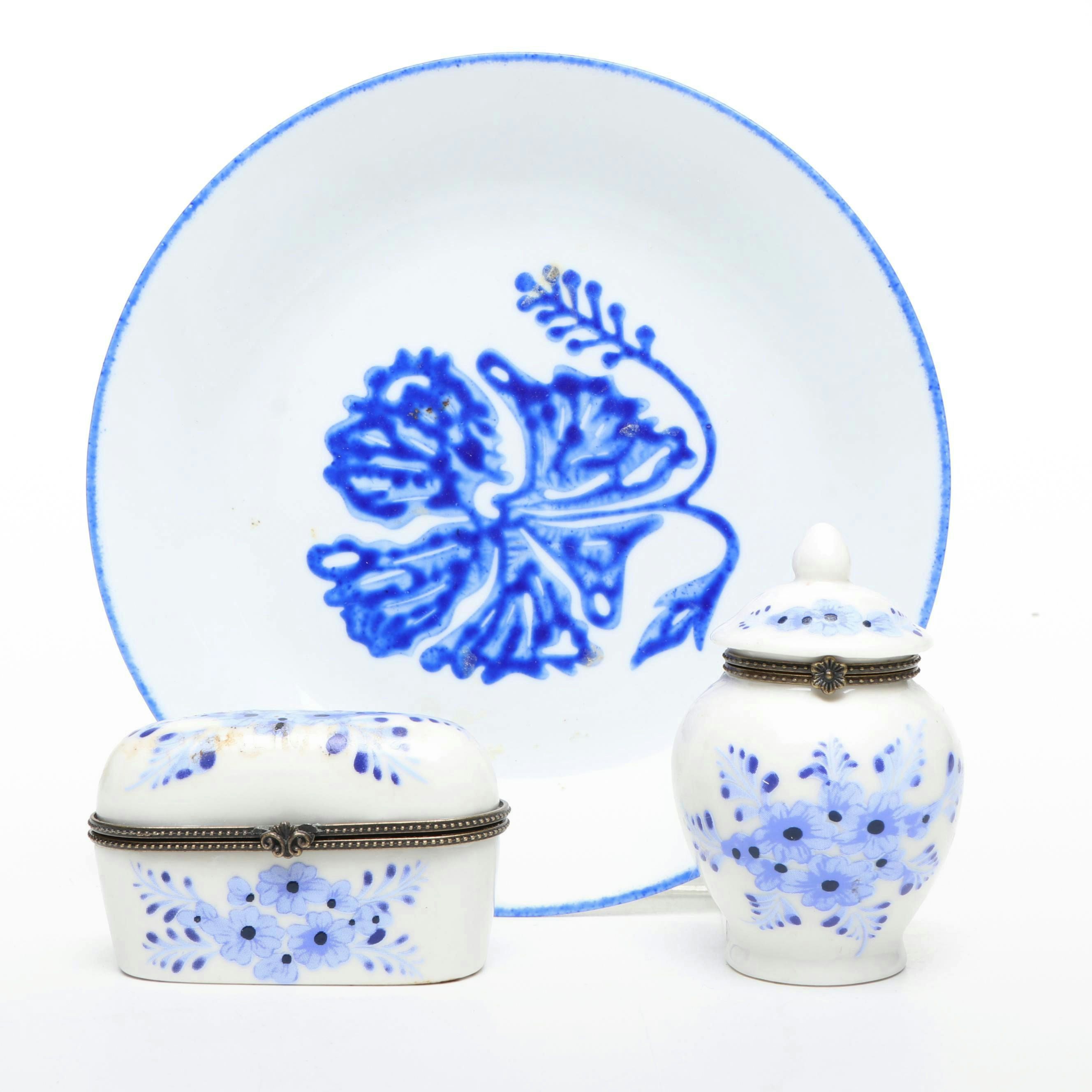 Dutch Blue and White Floral Porcelain Decorative Boxes with Other Plate