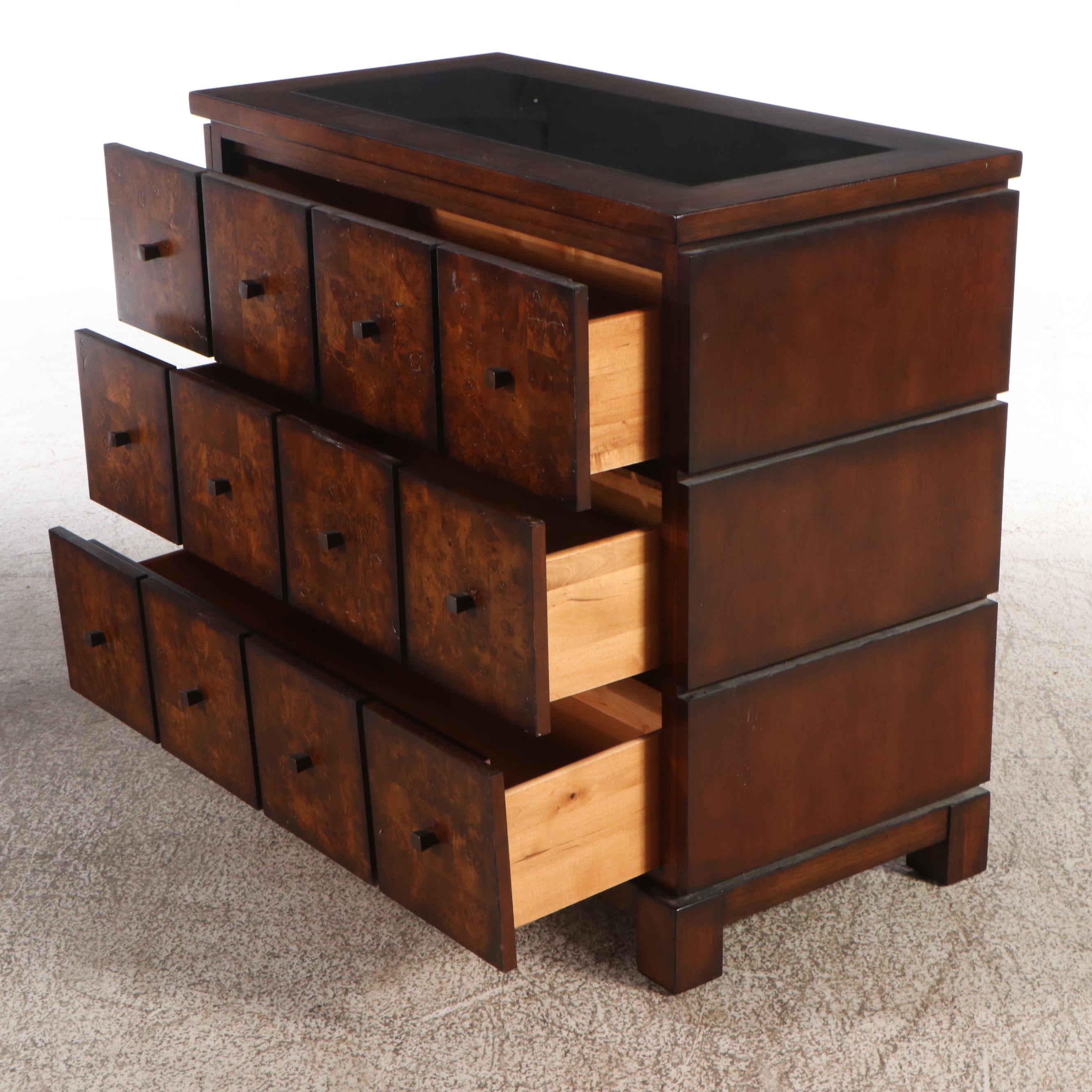 Pair of Marble Top Burl Wood Nightstands