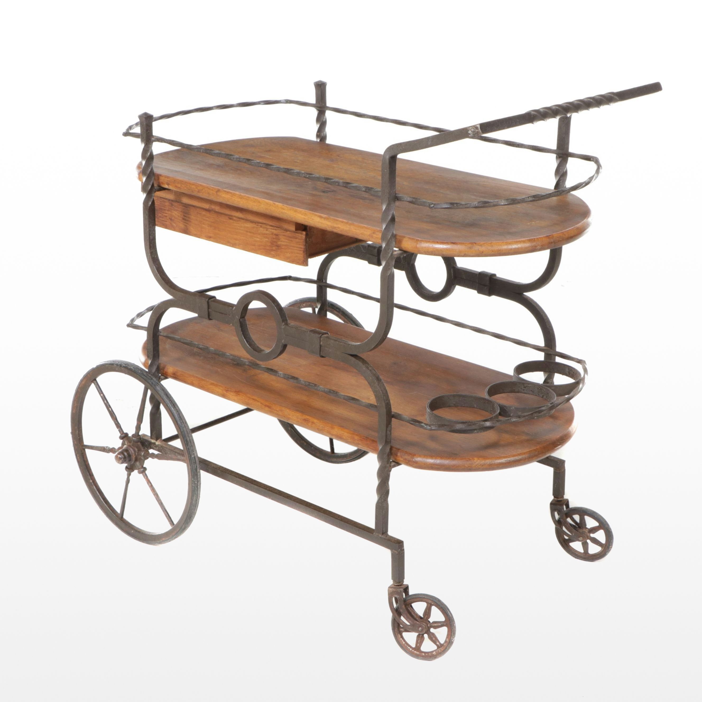 Italian Style Wood and Wrought Iron Bar Cart, Mid to Late 20th Century