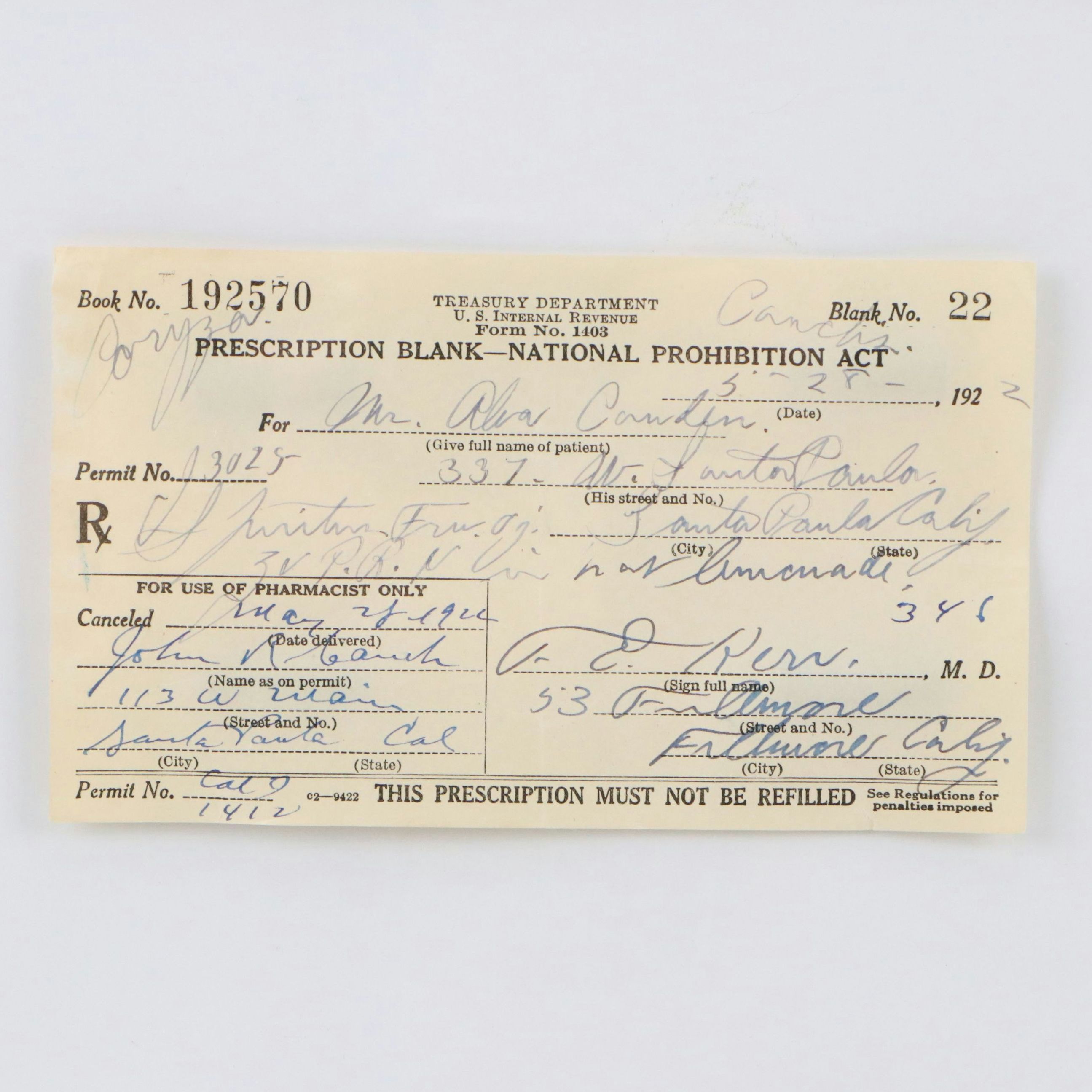 Prohibition Era Prescription Form for Spiritus Frumenti, 1922